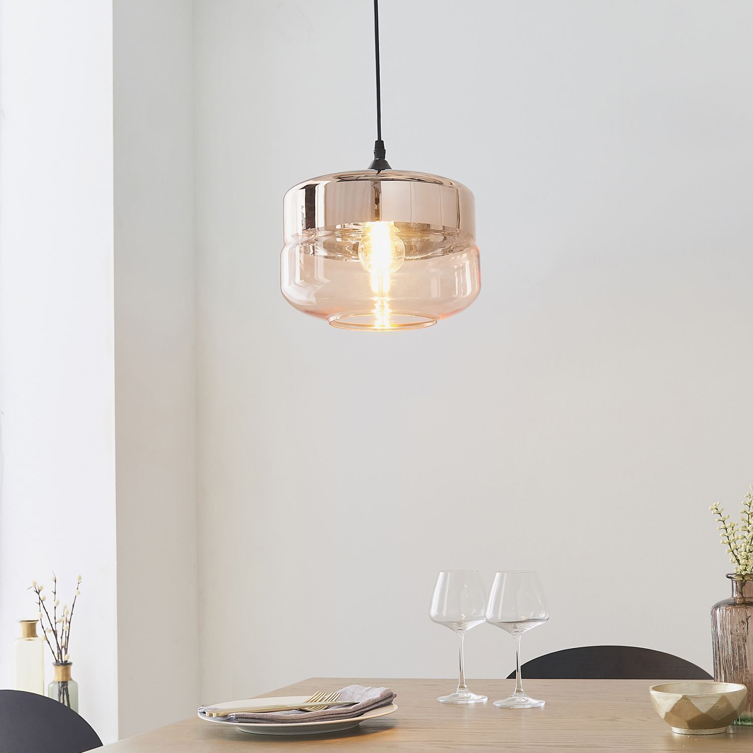 Lampe à suspendre verre fumé métal Ø 24,6cm rond noir cuivre E27