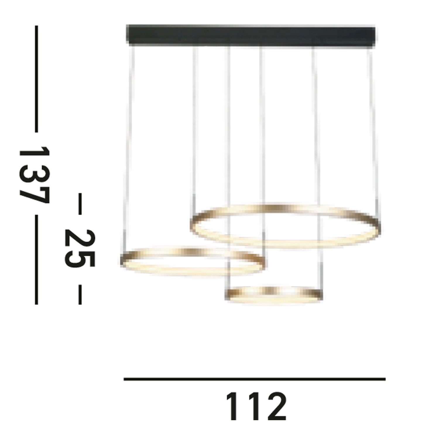 Longue lampe LED suspendue en noir anneaux d'or 112 cm