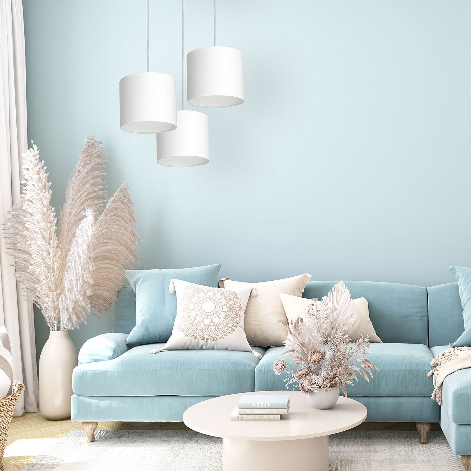 Pendelleuchte Weiß Stoff Metall E27 B:45 cm blendarm Dekoration für Zuhause, Kissen, Couch, Wohnzimmer, Tabelle