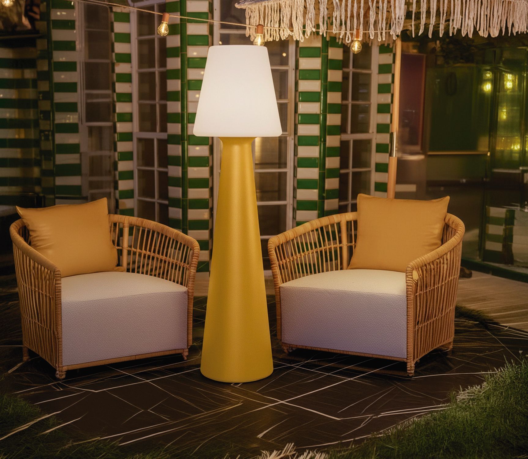 LED Akku Stehleuchte dimmbar IP65 3000-6500 K Senfgelb Gäste-Sitzgruppe, Lounge-Set, Rattan-Sessel, Standlampe, Outdoor-Dekoration