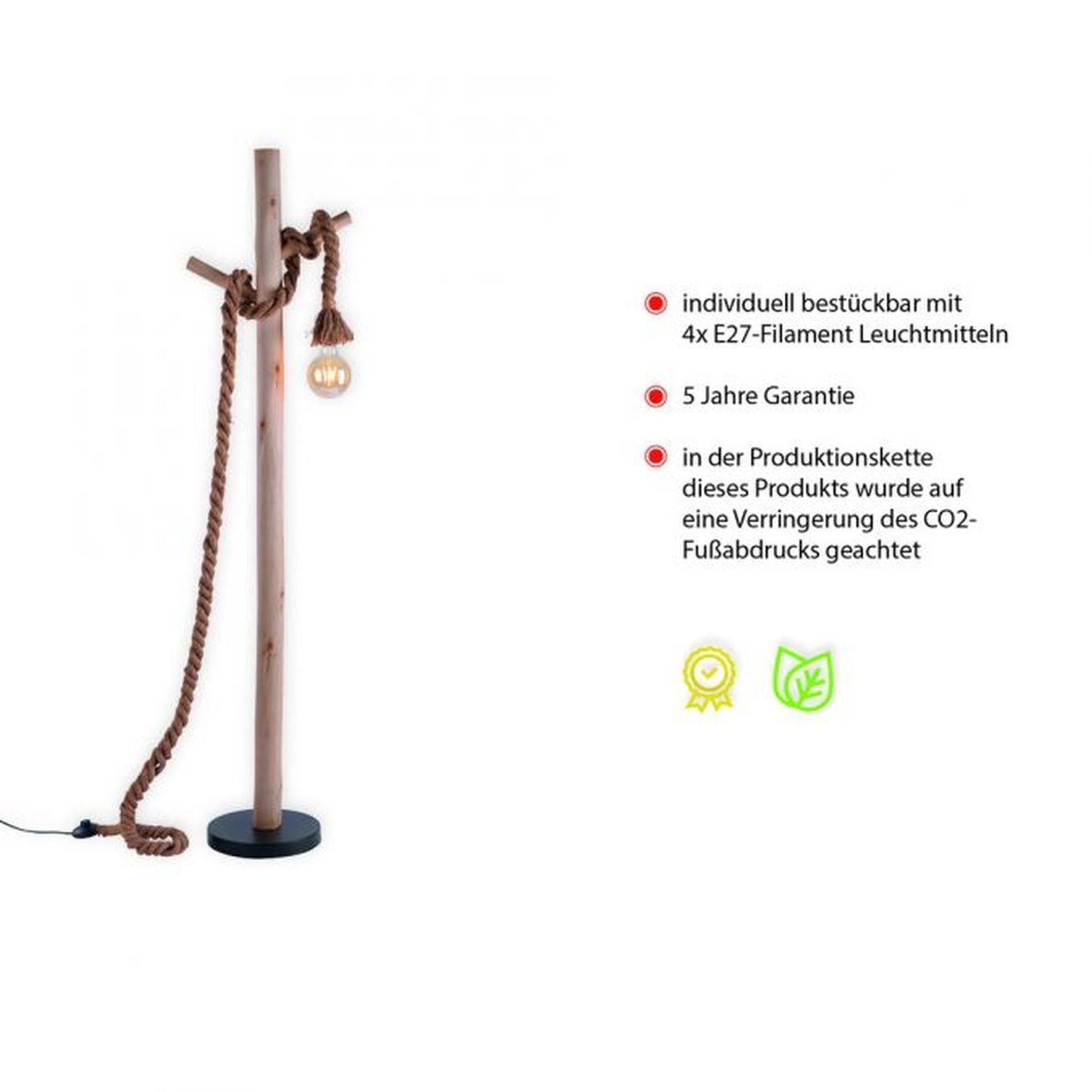 Lampadaire vintage E27 jusqu'à 15 W 150 cm bois corde Drinnen