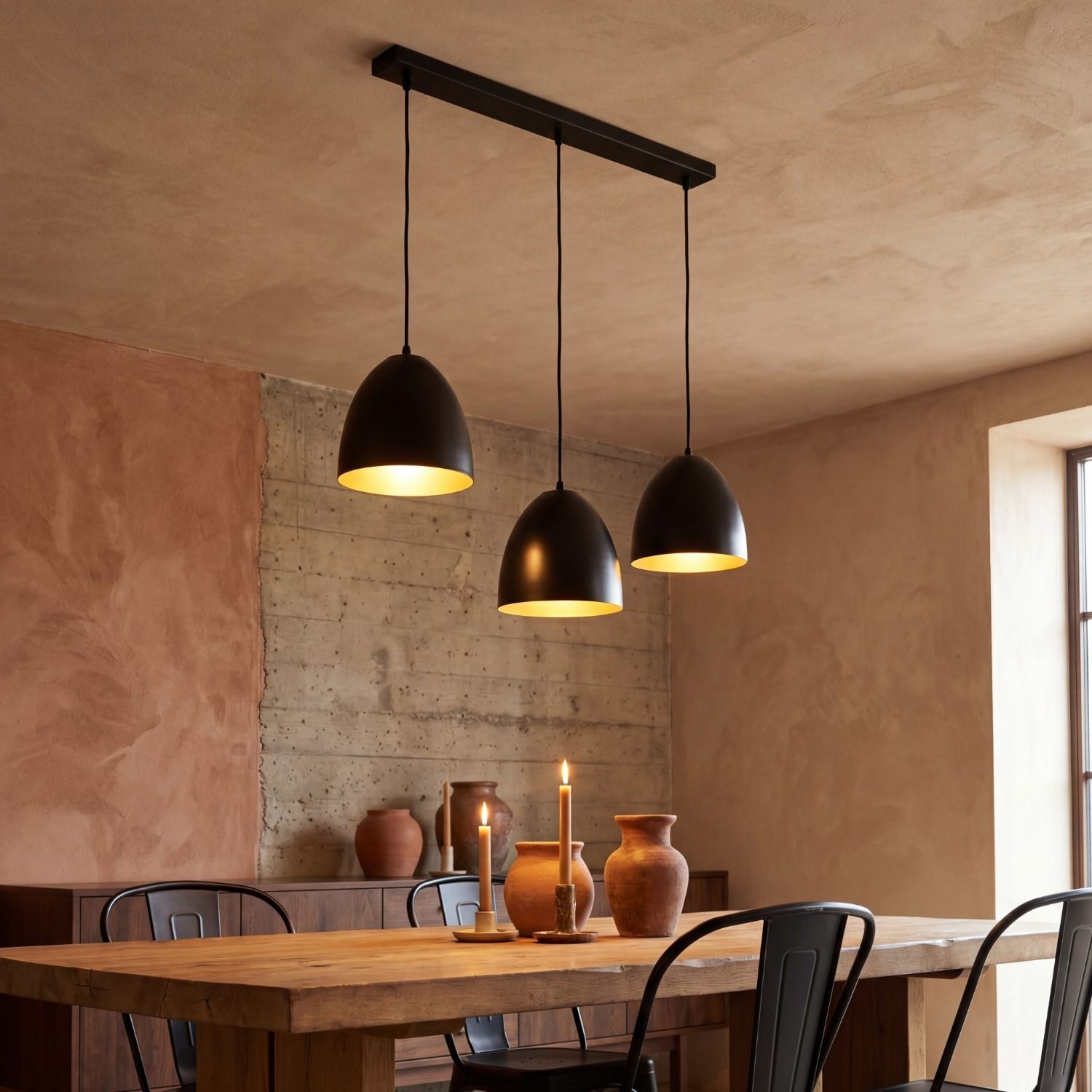 pendelleuchte-haengelampe-annie-3-flammig-schwarz-gold-retro-1 pendant lights, schwarze lampen, holzertisch, tonvasen, kerzen