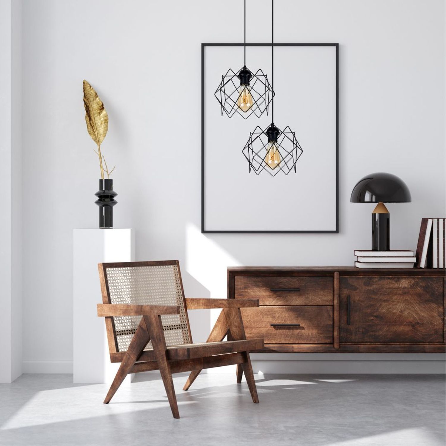 Holzstuhl, Mid-Century, Sideboard, Hängeleuchten, Leinwandbild