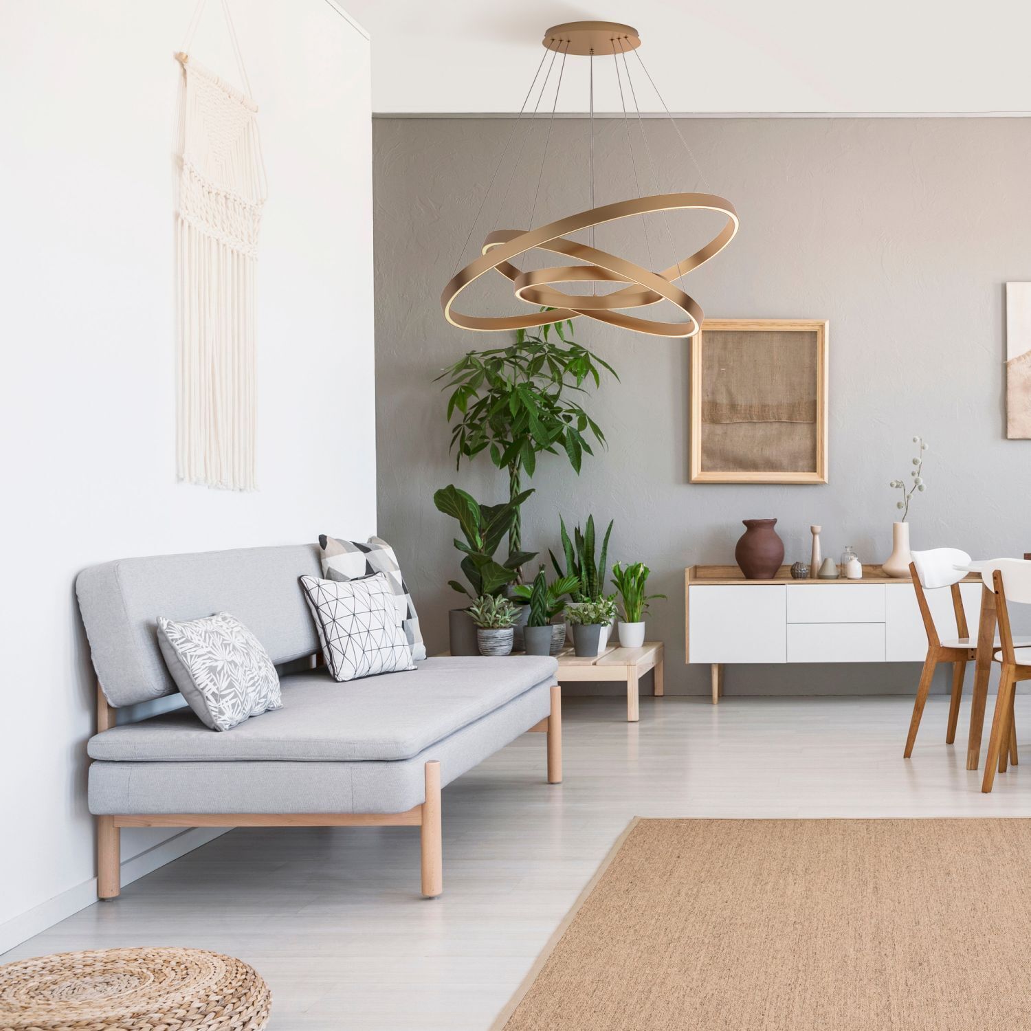 Kronleuchter LED Aluminium Ø 80 cm H: max. 120 cm rund Dekoration für Zuhause, Pflanze, Teppich, Mobiliar, Wohnzimmer