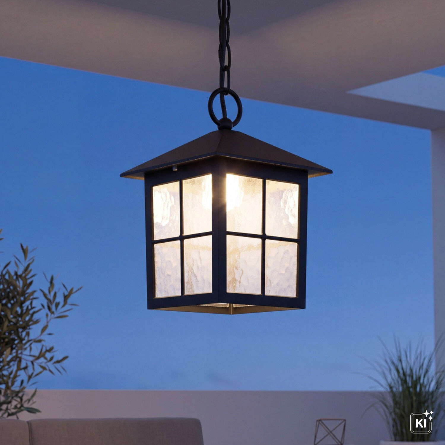 Hängende Lampe, Laterne, Außenbeleuchtung, Metallrahmen, Glas Panels