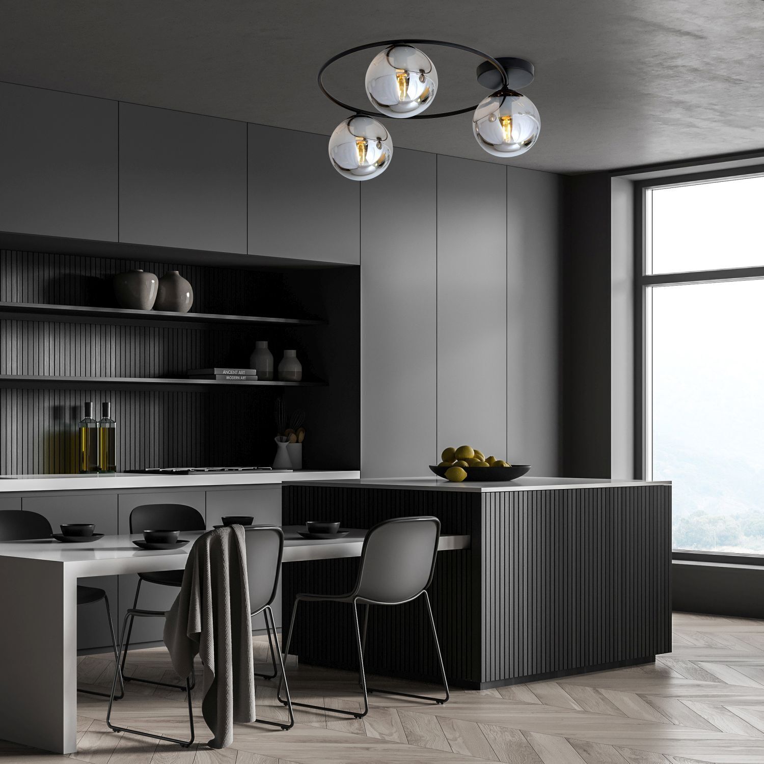 Deckenlampe Rauchglas Metall 3-flammig rund Ø 47 cm Drinnen, Innenarchitektur, Esszimmer, Esstisch, Tisch