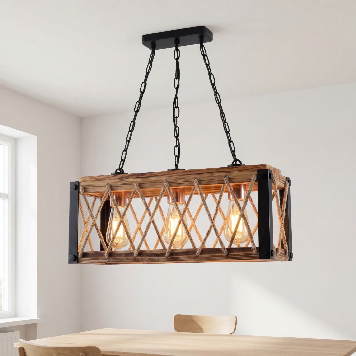 Hängelampe, Lichtanlage, Holzrahmen, Seilaufhängung, Edison-Lampe