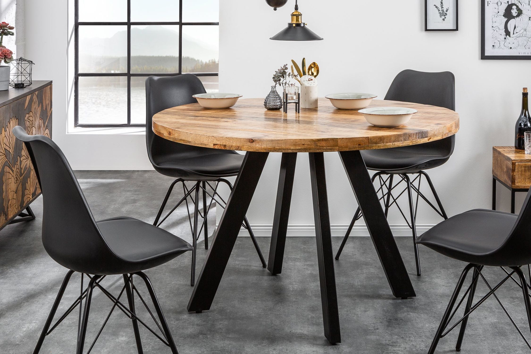 Table de salle à manger ronde Ø 120 cm bois de manguier métal design industriel