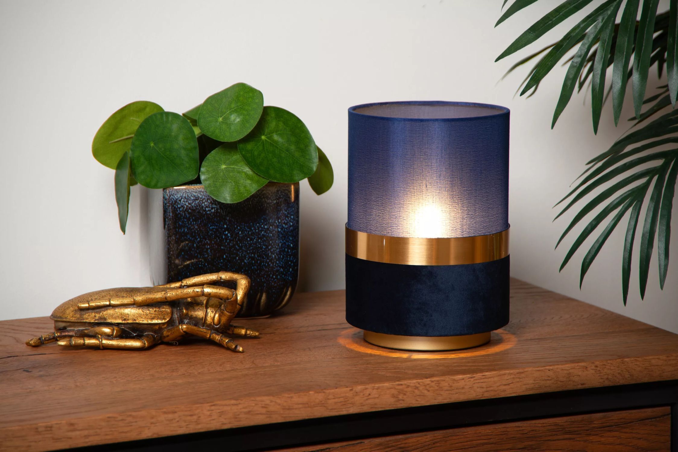 Stilvolle Tischlampe Stoff Blau Gold E14 22 cm Vintage Lampe, Pflanze, Tischlampe