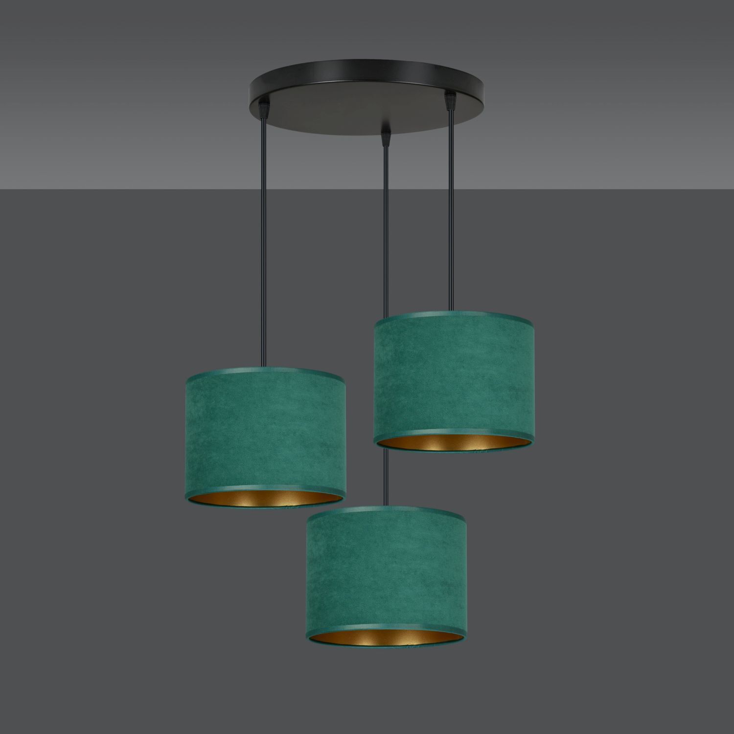 Lampe à suspendre tissu métal noir vert or E27 3-flamme