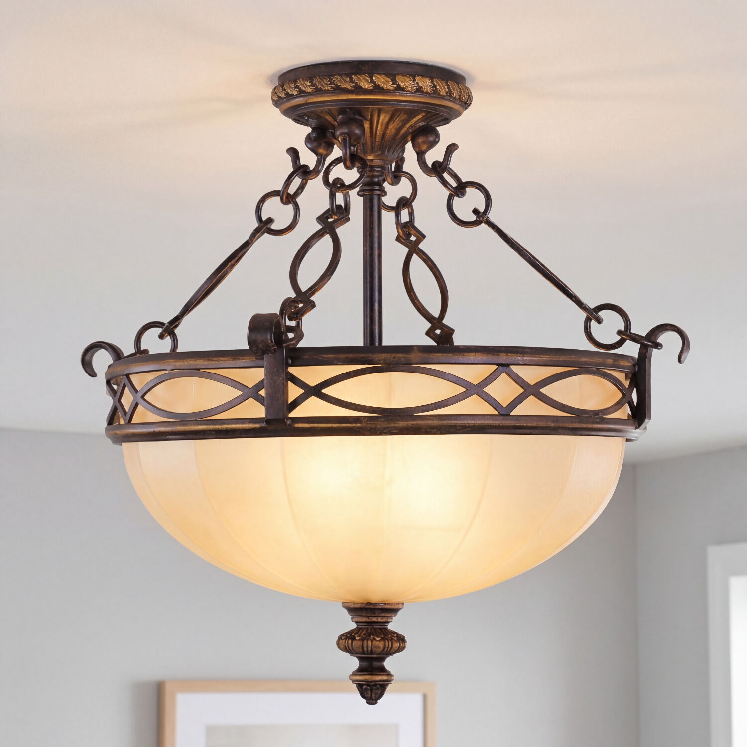 Deckenleuchte Landhaus Creme Walnuss Glas E27 Ø39 cm