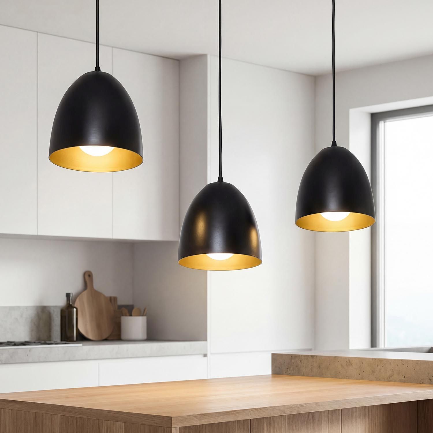 pendelleuchte-haengelampe-annie-3-flammig-schwarz-gold-retro--6 pendant lamp, black lampshade, gold interior, kitchen island, hanging light