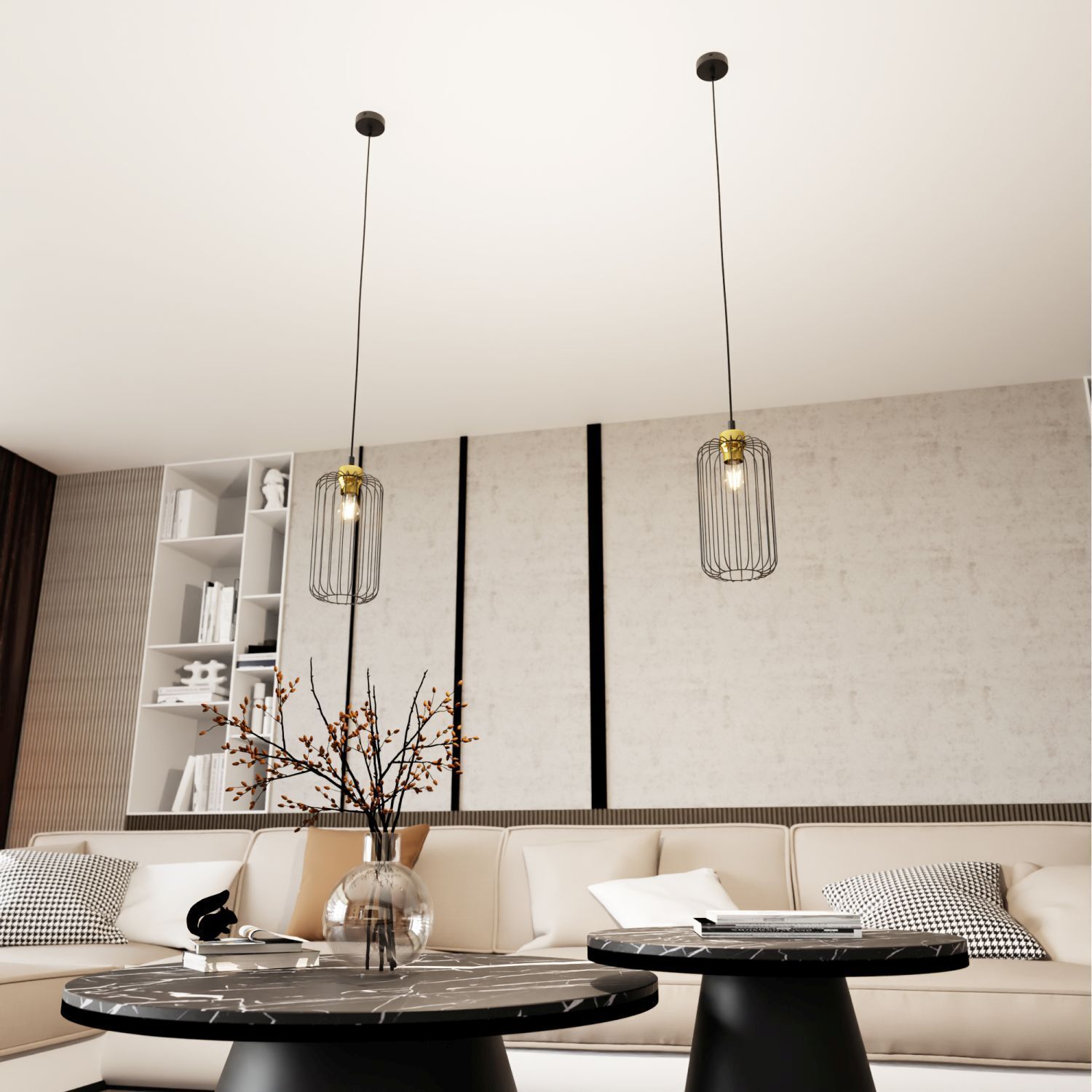Suspension stylée Noir Or Métal E27 L:16 cm