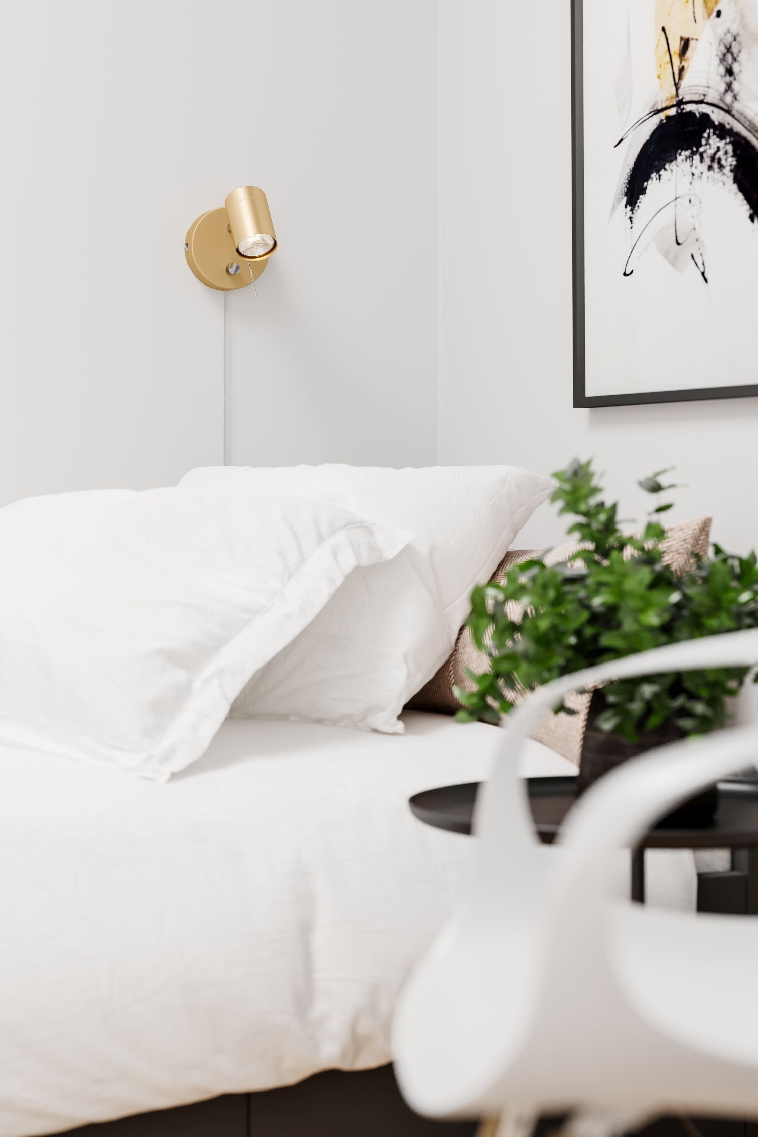 Wandleuchte mit Kabel Stecker GU10 verstellbar in Gold Metall bettzimmer, wandlampe, goldfarbeneLampe, weißesBett, pflanze