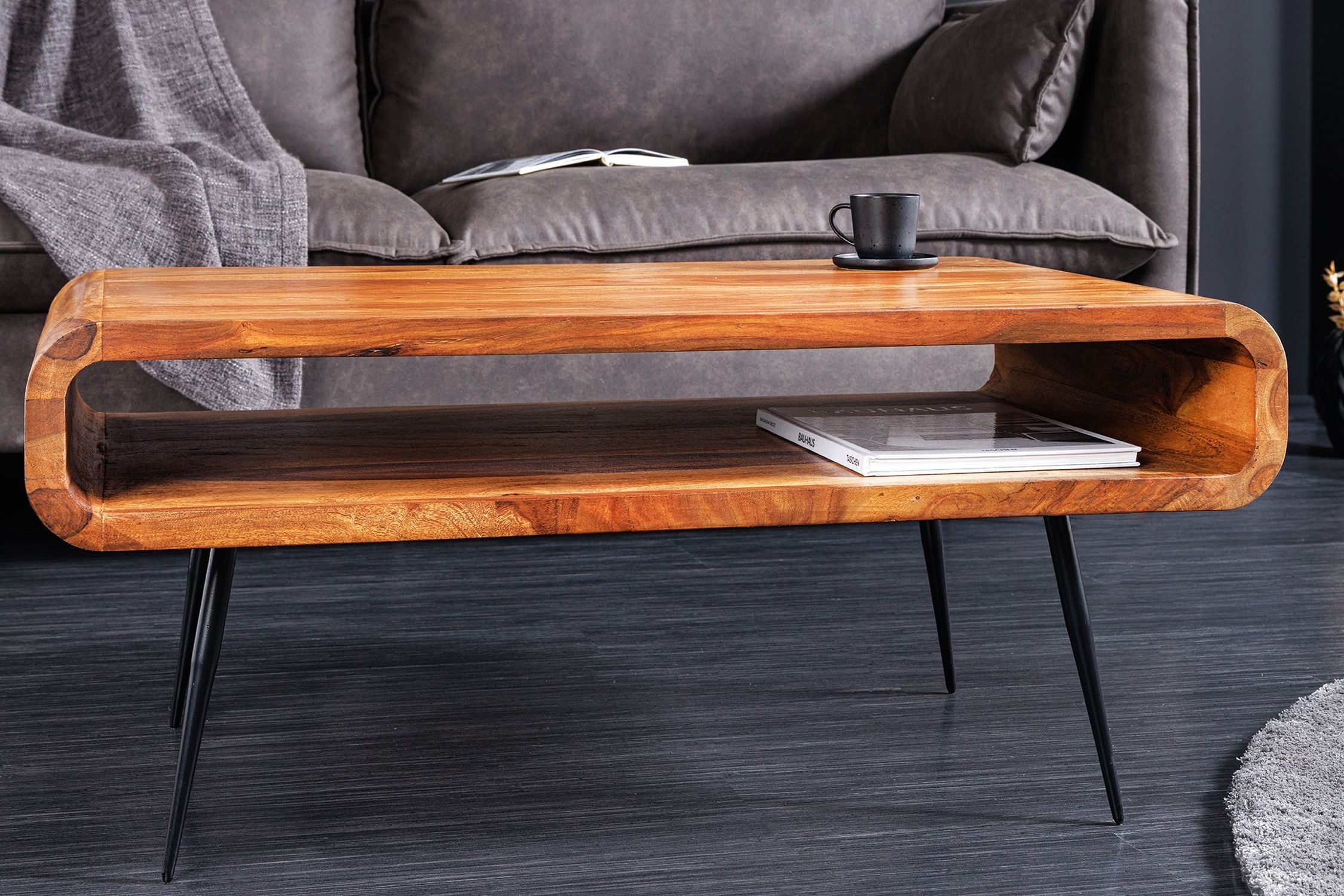 Couchtisch Sheesham Holz Metall 90 x 50 cm Kaffeetisch, Tabelle, Holz, Hartholz, Gebeiztes Holz