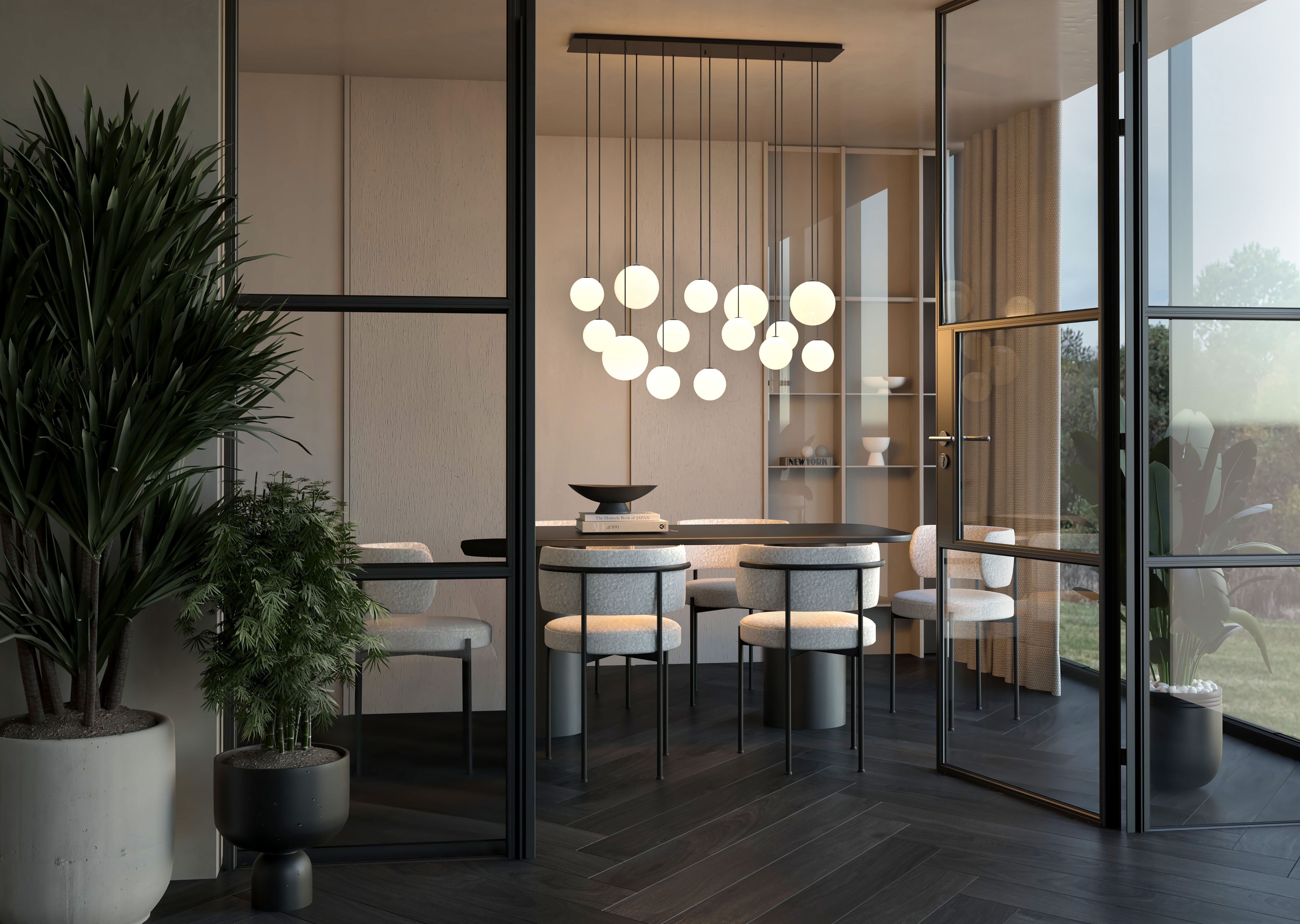 Große Pendelleuchte Glas Metall Schwarz Weiß G9 14-flmg Esstisch, Esszimmer, Hintergrundbeleuchtung, Gläserne Tür, Vorgarten