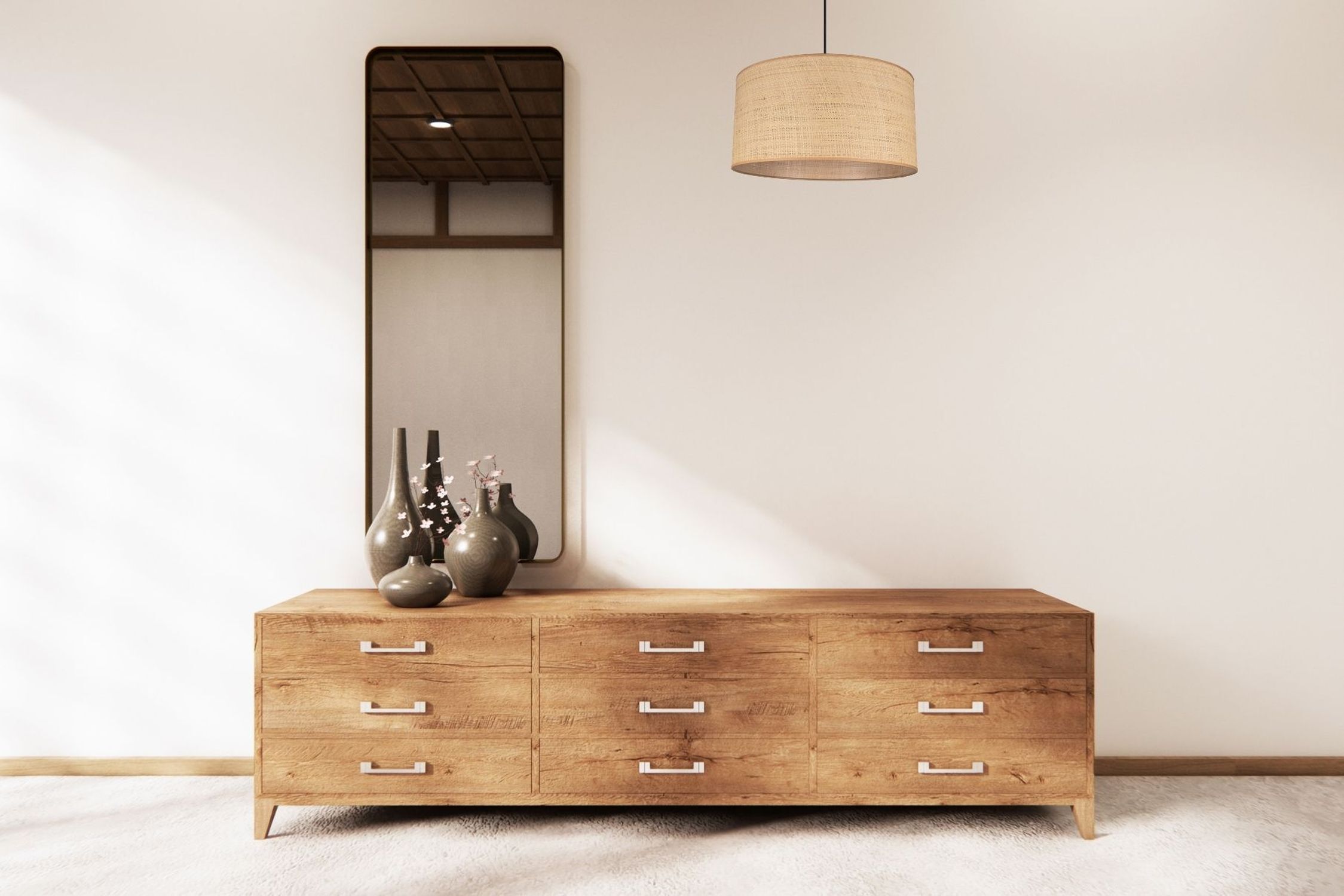 Blendarme Pendelleuchte Rattan Braun E27 Ø40 cm Modern Kleidersideboard, Holzsideboard, Vase, Spiegel, Lampenschirm