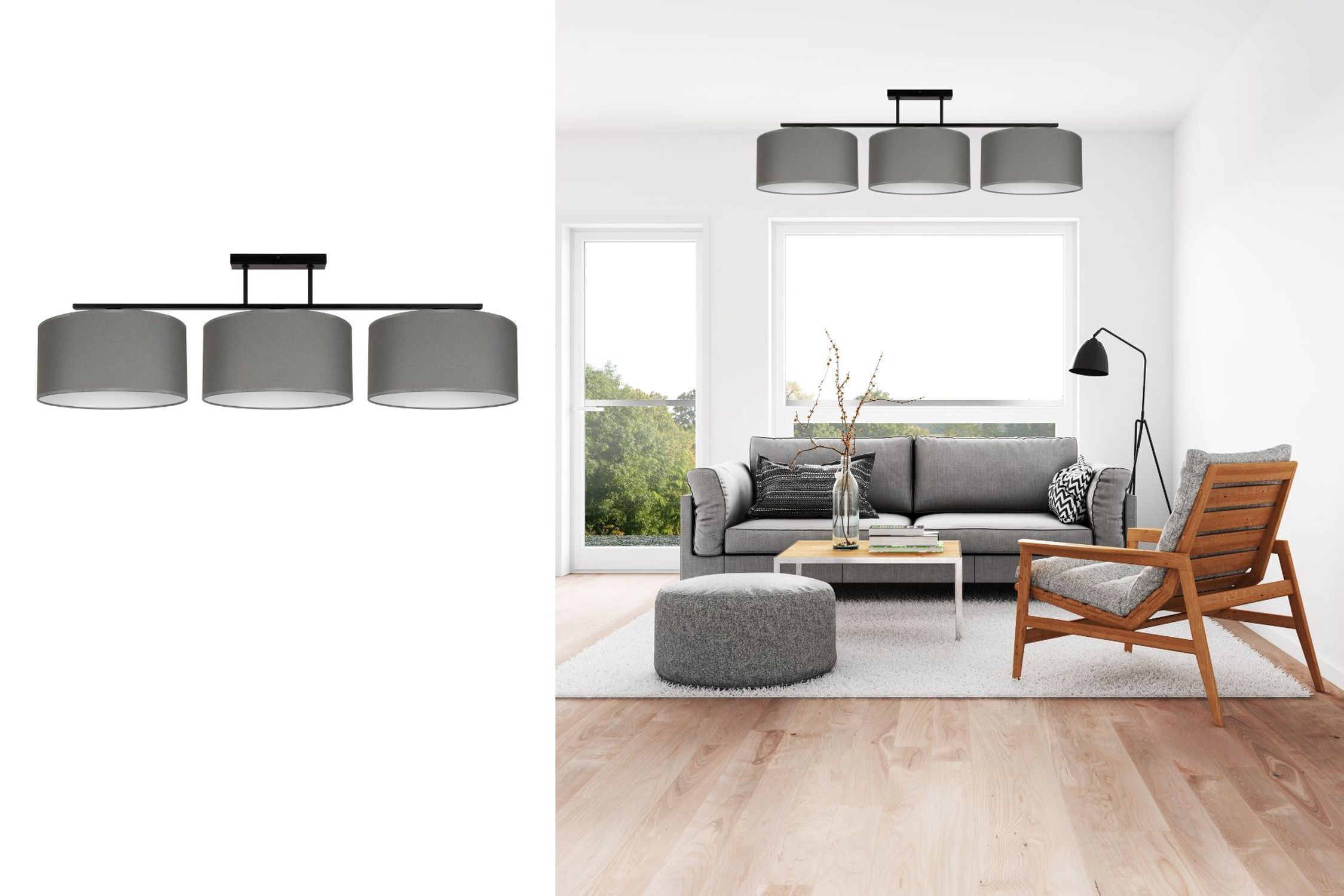 Gemütliche Deckenlampe Stoff Graphit Weiß E27 3-flammig deckenleuchte, pendelleuchte, grau, dreifach, wohnzimmer