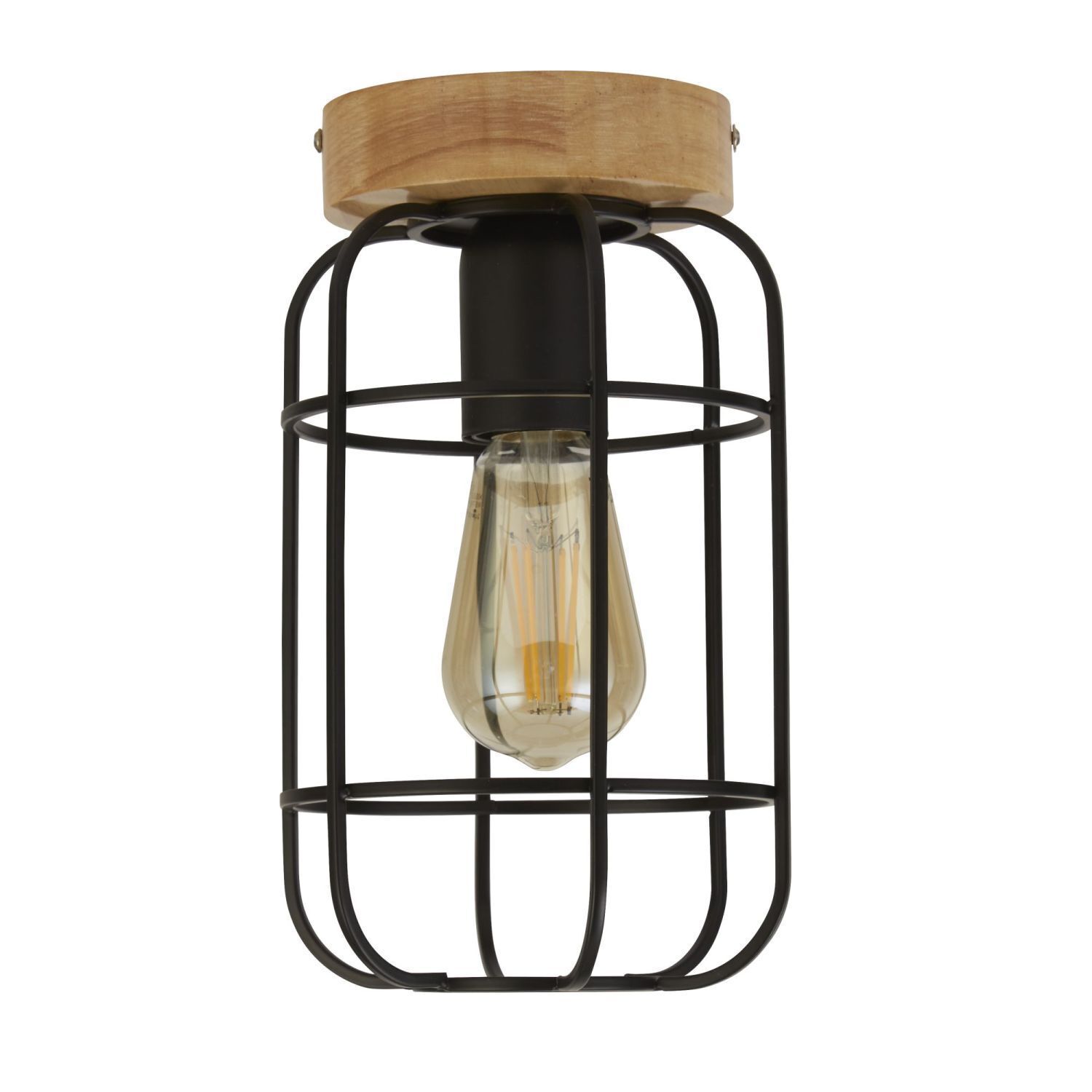 Lampe de plafonnier E27 bois métal fil L:15 cm Industrial