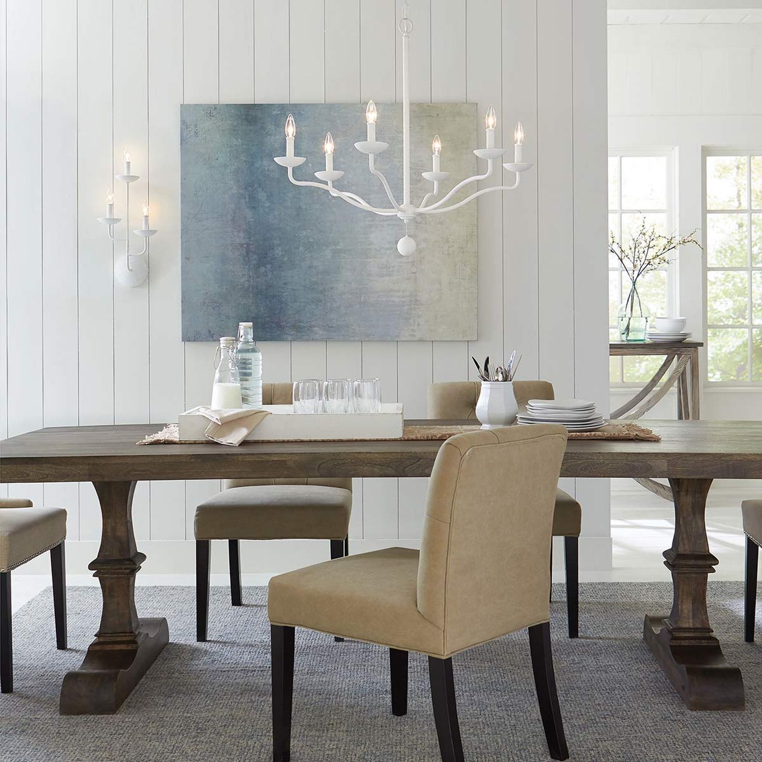 Kronleuchter Weiß Metall E14 B: 82,9 cm groß Landhausstil Esstisch, Holztisch, Beige Stühle, Wandlampen, Kronleuchter