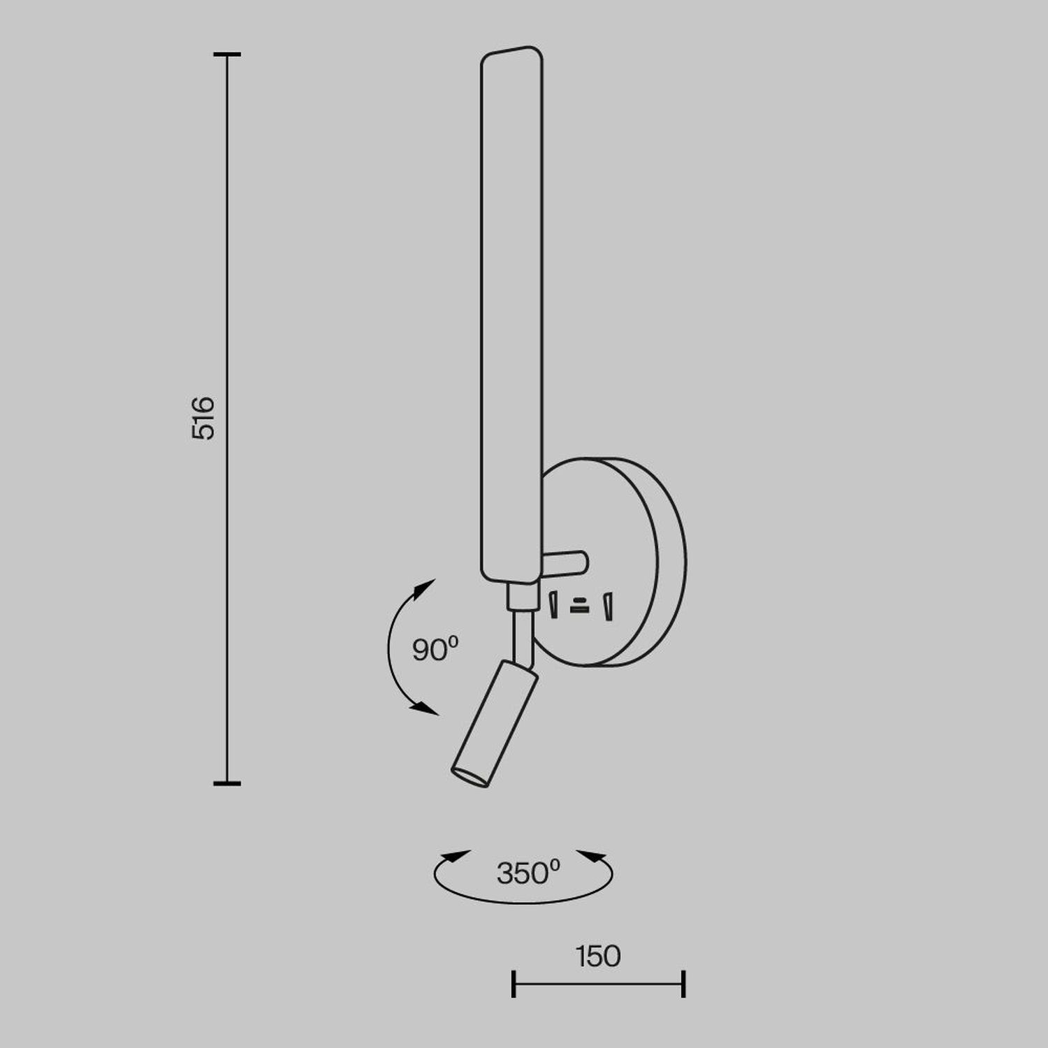 LED Wandlampe Schwarz H:51,6 cm 3000 K Schalter USB Antenne, Wandhalter, Verstellbar, Antennenhalter, 90 Grad-Schwenk