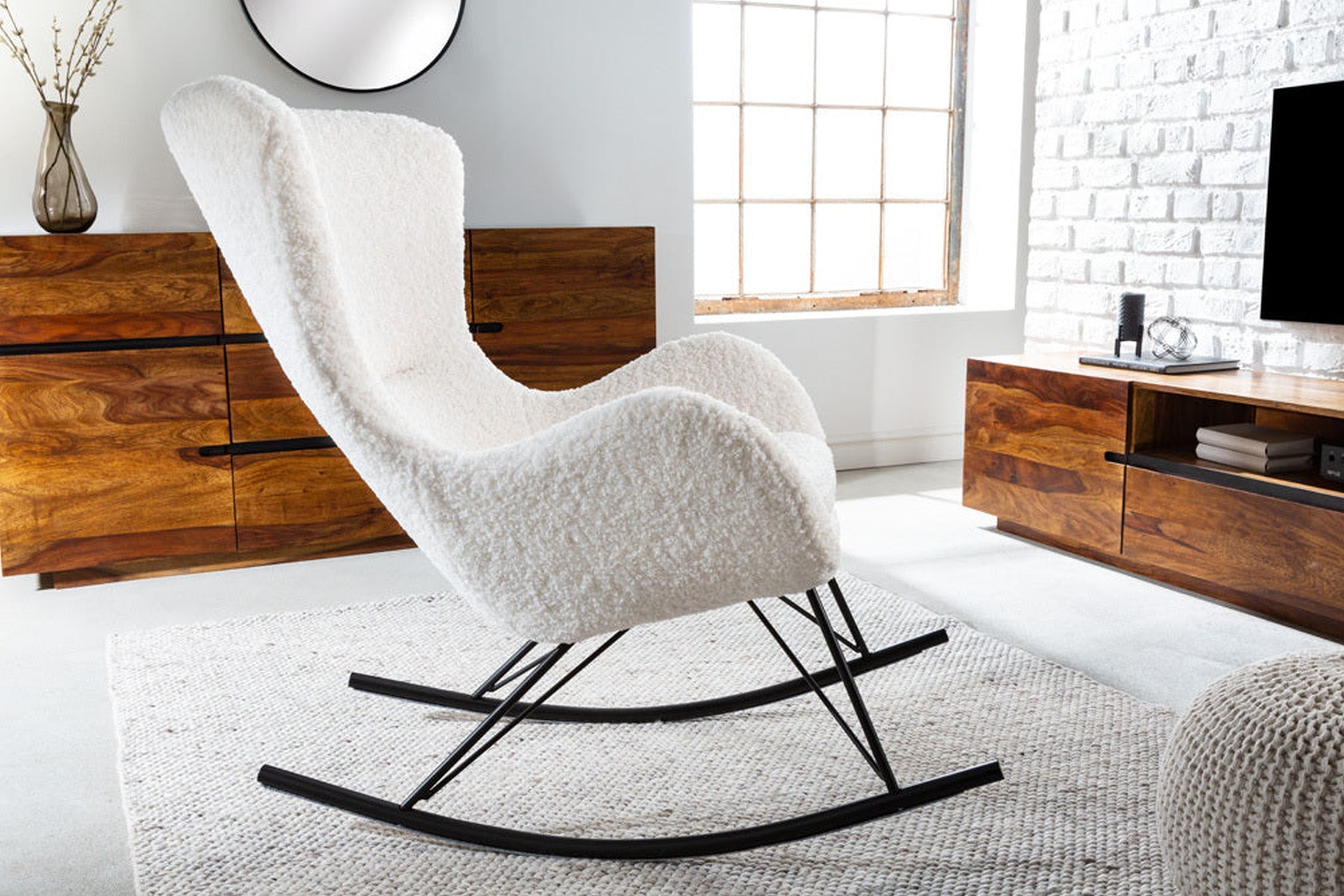 Chaise à bascule Blanc Noir Bouclé Métal pour lire Allaiter Moebel, Stuhl, Schaukelstuhl