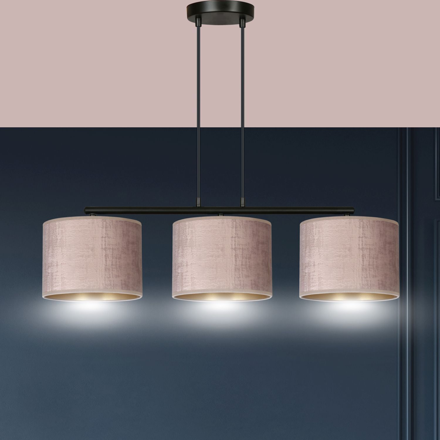 Lampe à suspendre métal tissu L : 72 cm noir rose or 3 flammes