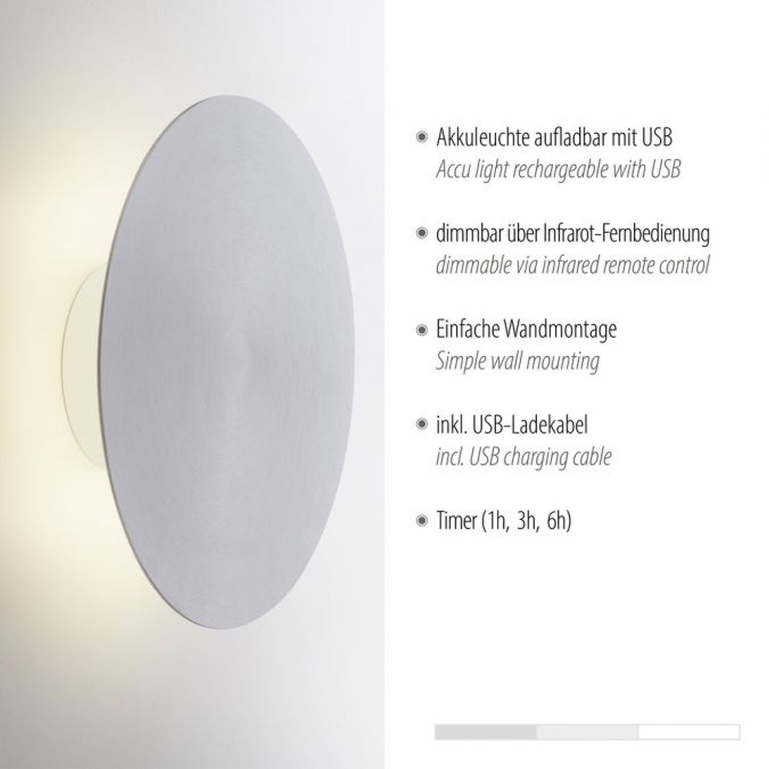 Dimmbare LED Akku Wandlampe Fernbedienung 1 W in Silber Deckenleuchte
