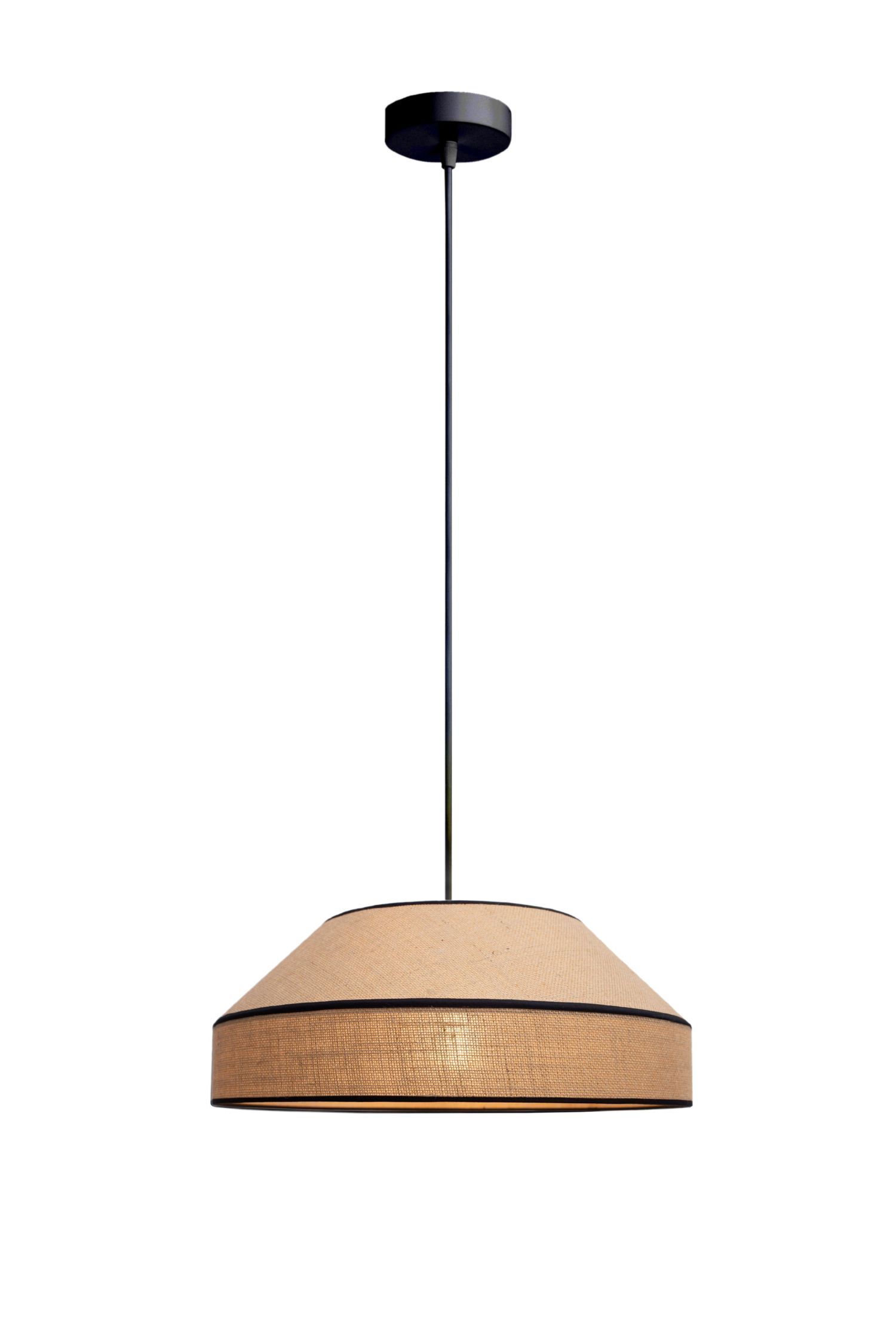 Pendellampe, Deckenlampe, Stoffschirm, schwarzes Kabel, beiger Lampenschirm