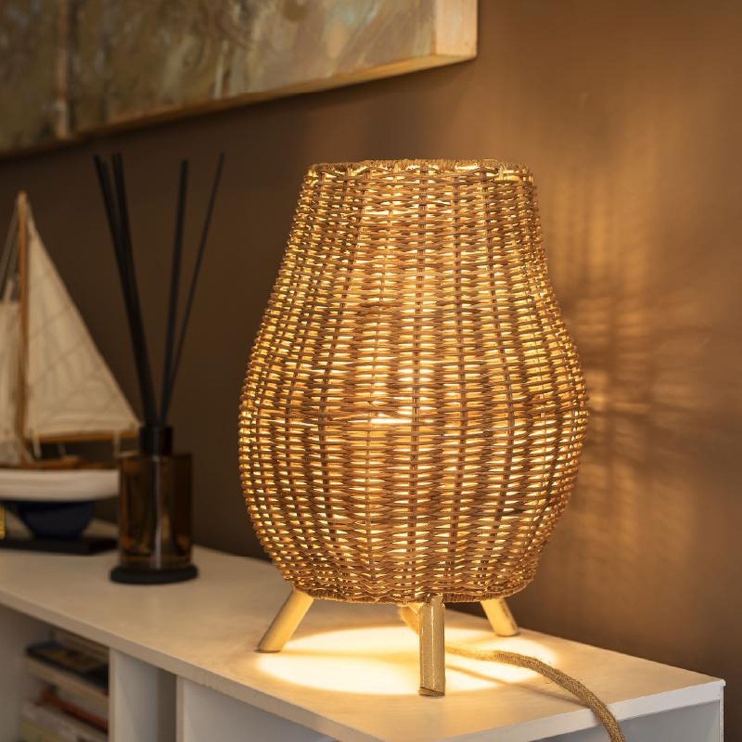 Lampe de table en rotin H : 32,5 cm Trépied naturel E27 FULDE