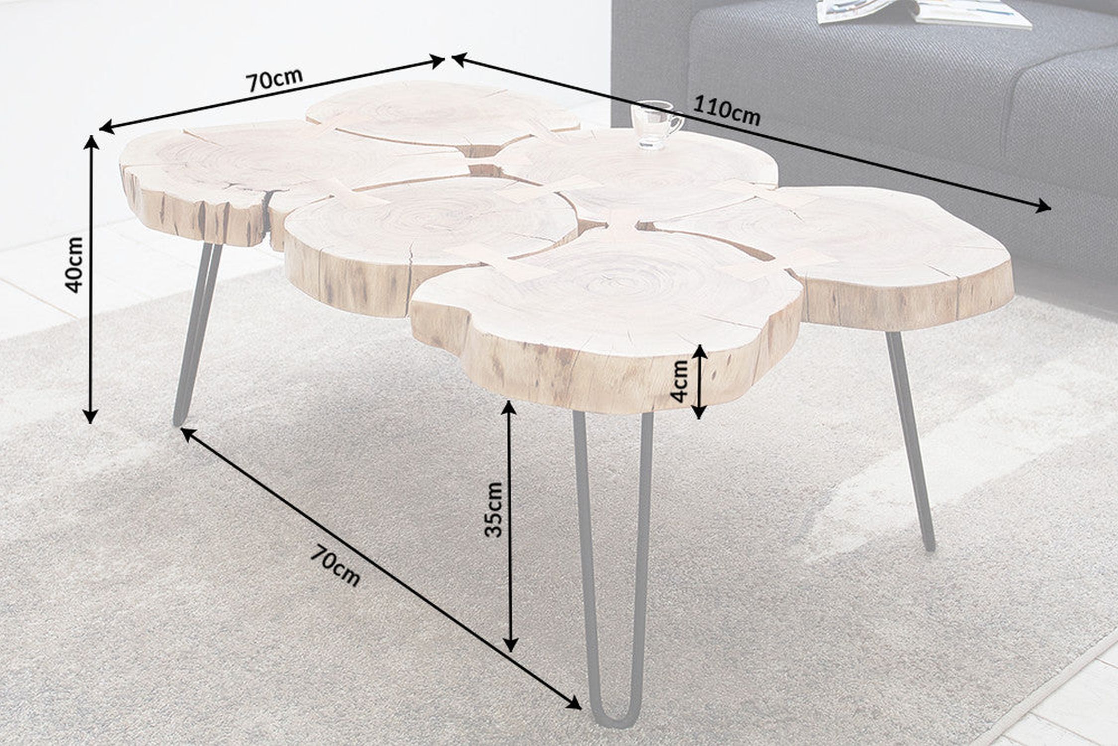 Table basse en bois d'acacia métal 110 x 70 cm Rondelles d'arbre Kaffeetisch, Mobiliar, Tabelle, Tischplatte, Esstisch