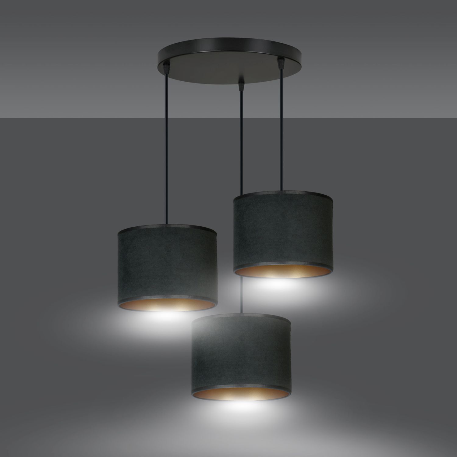 Lampe à suspendre 3 flammes tissu métal noir or E27
