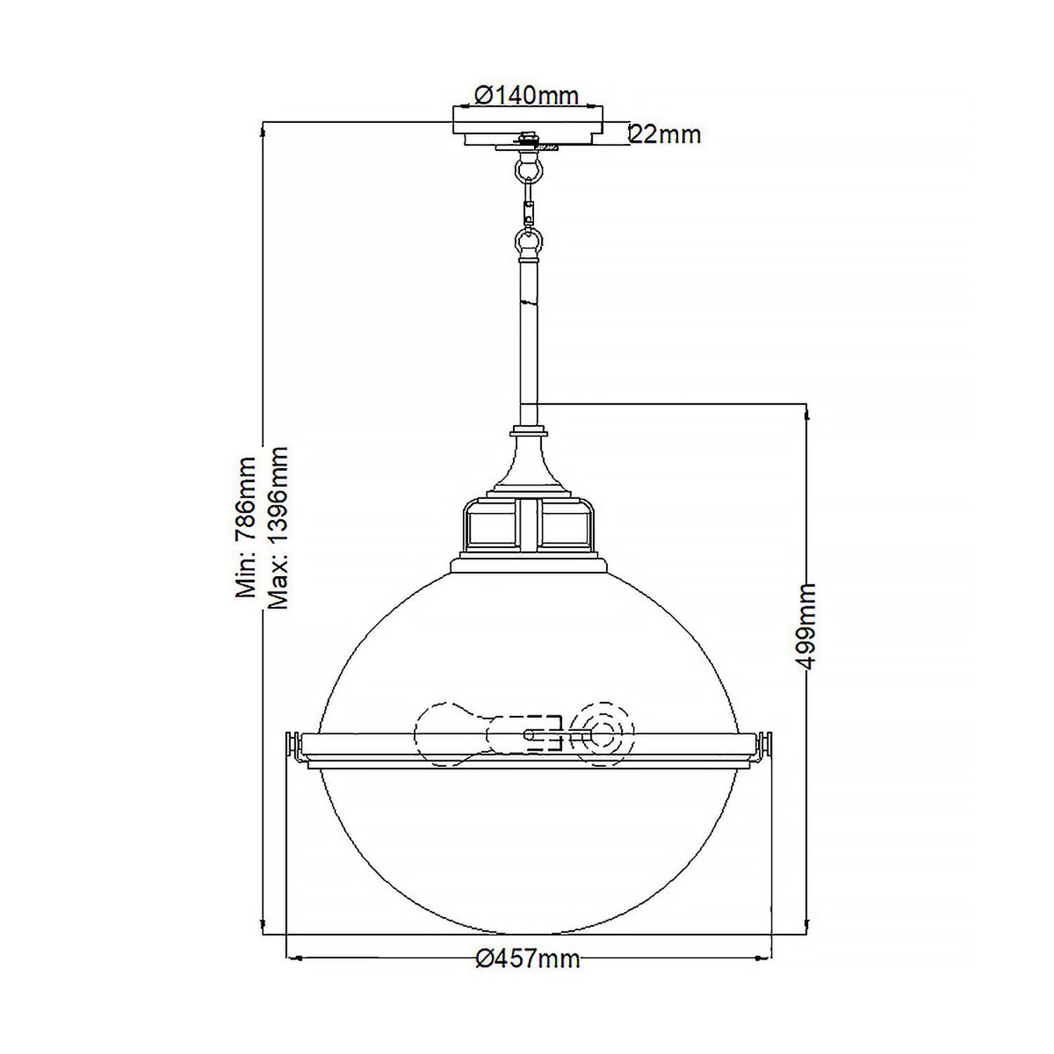 Pendelleuchte rund Ø 45,7 cm Metall Glas 3x E27 Hängelampe, Glaskugel, Kabelschirm, Montagebügel, Durchmesser-457mm