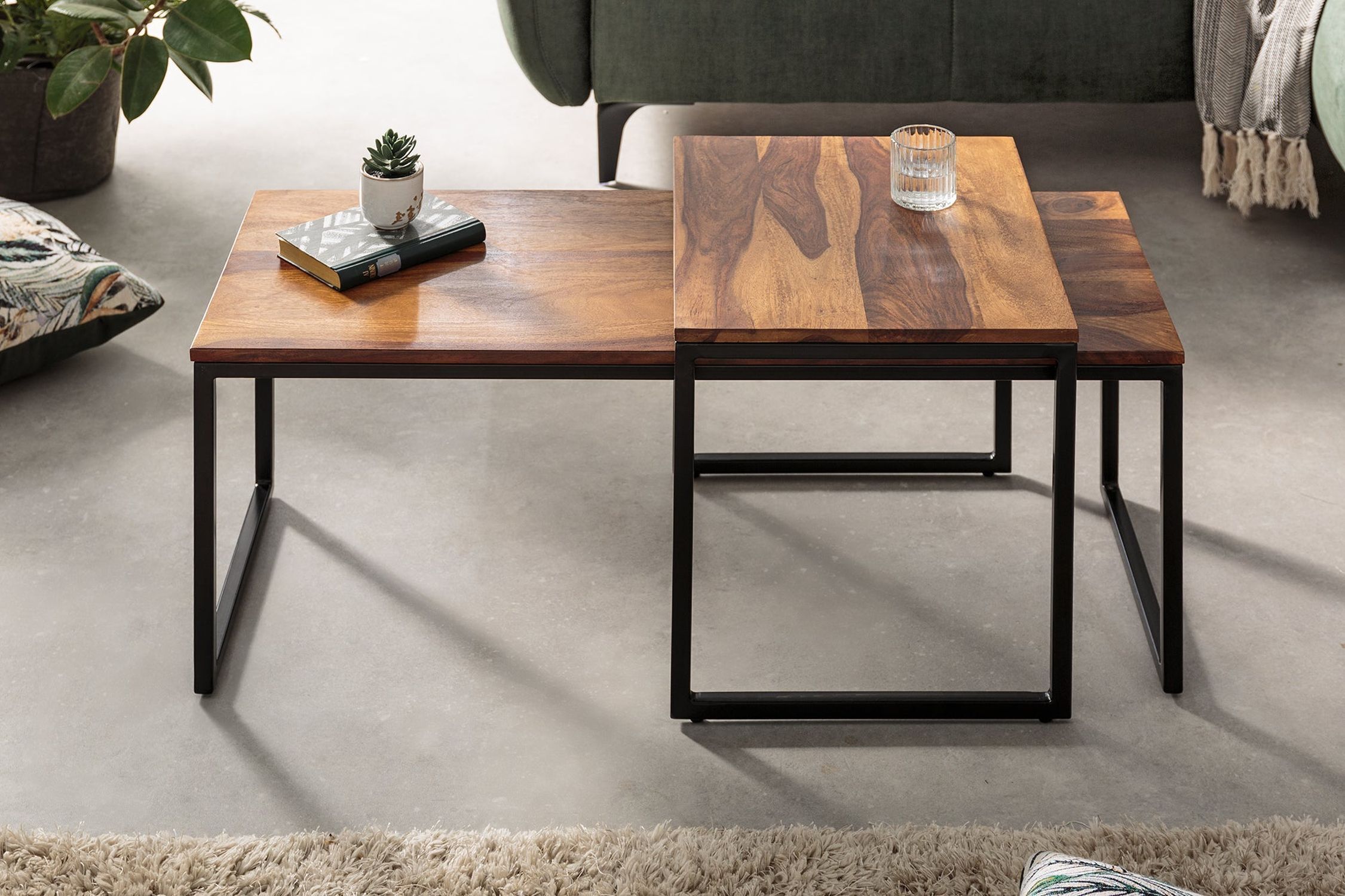 Table basse en bois de sheesham, métal, lot de 2