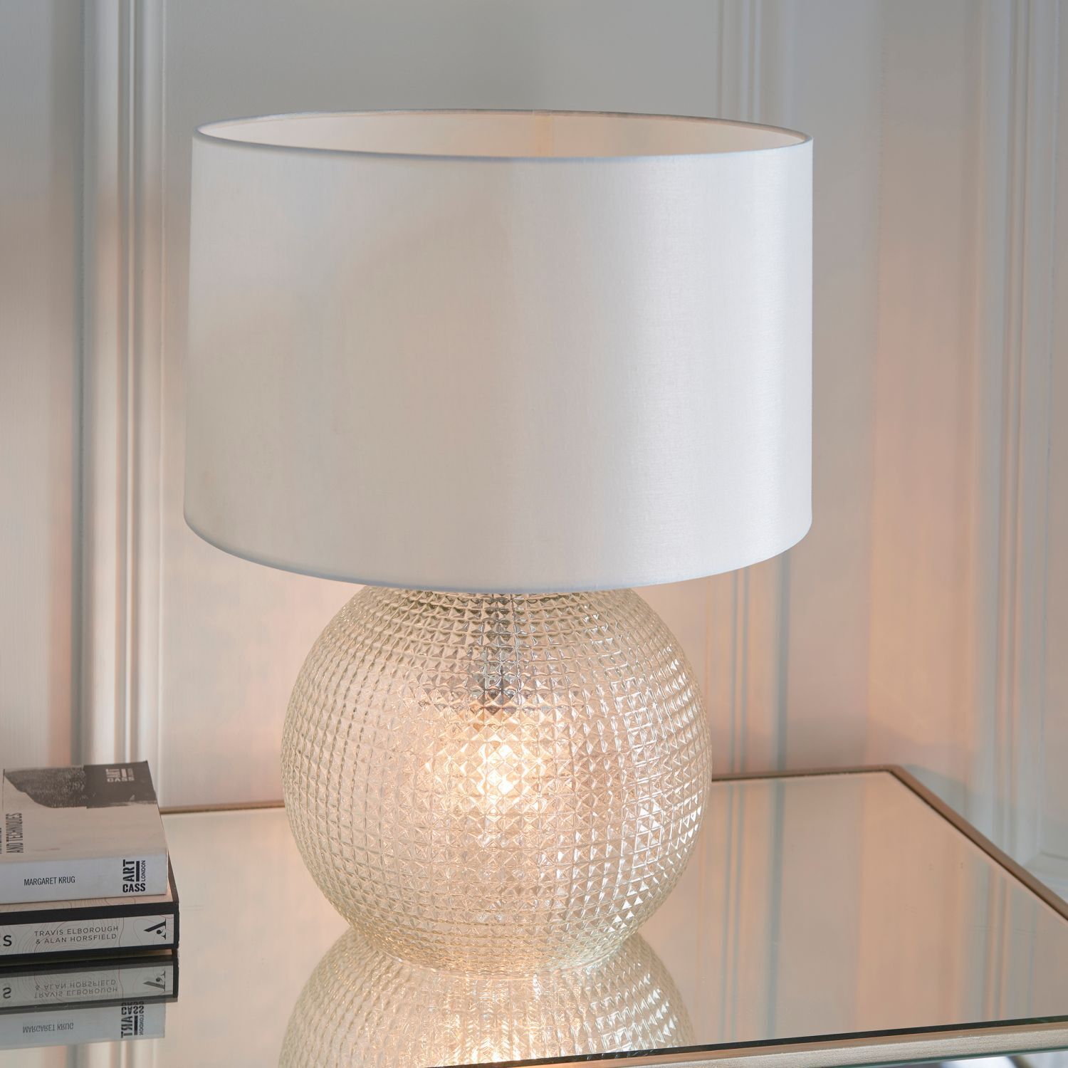 Lampe de table verre cristal tissu base éclairée blanc