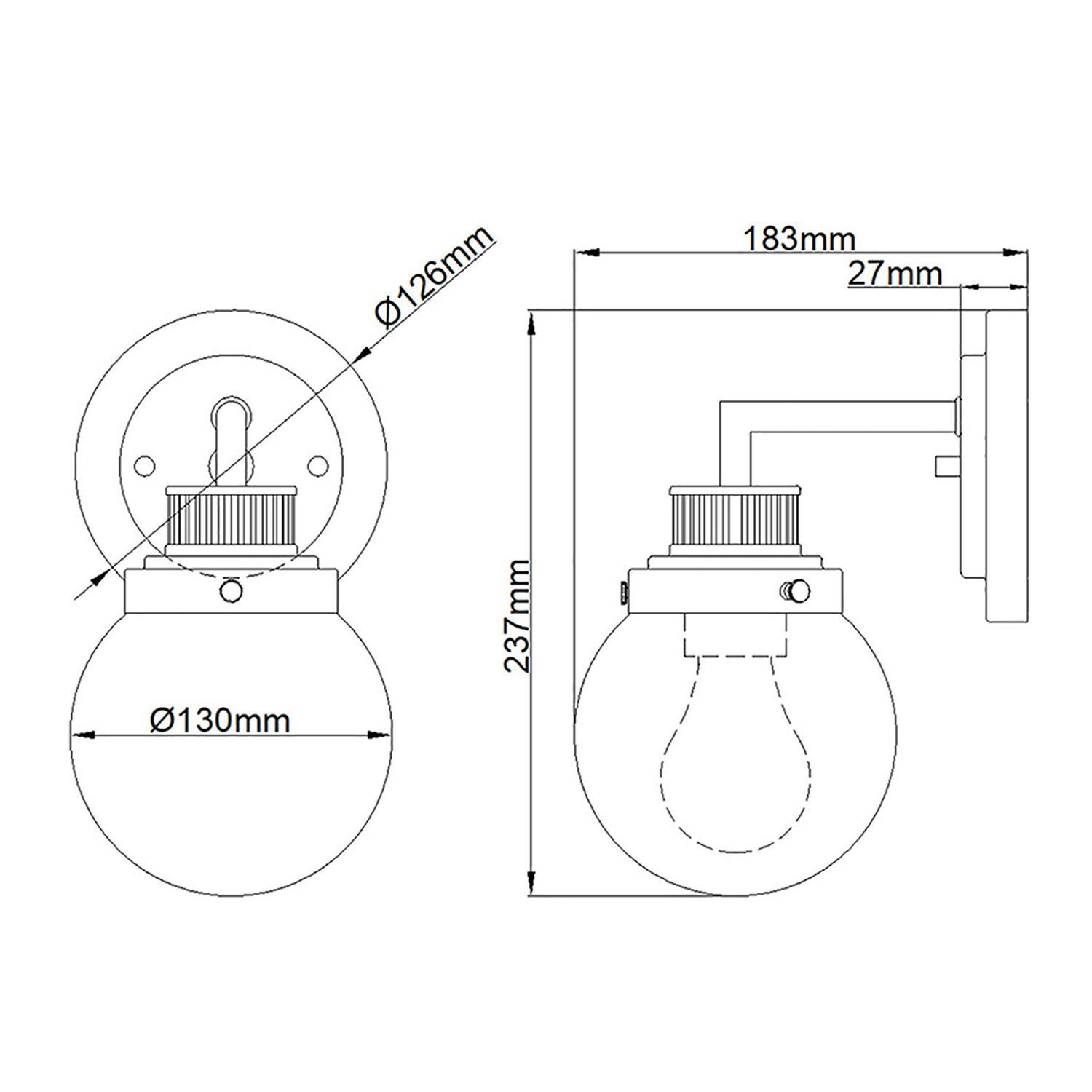 Lampe de salle de bain murale verre métal E27 IP44 hauteur 23,7 cm Abat-jour sphérique
