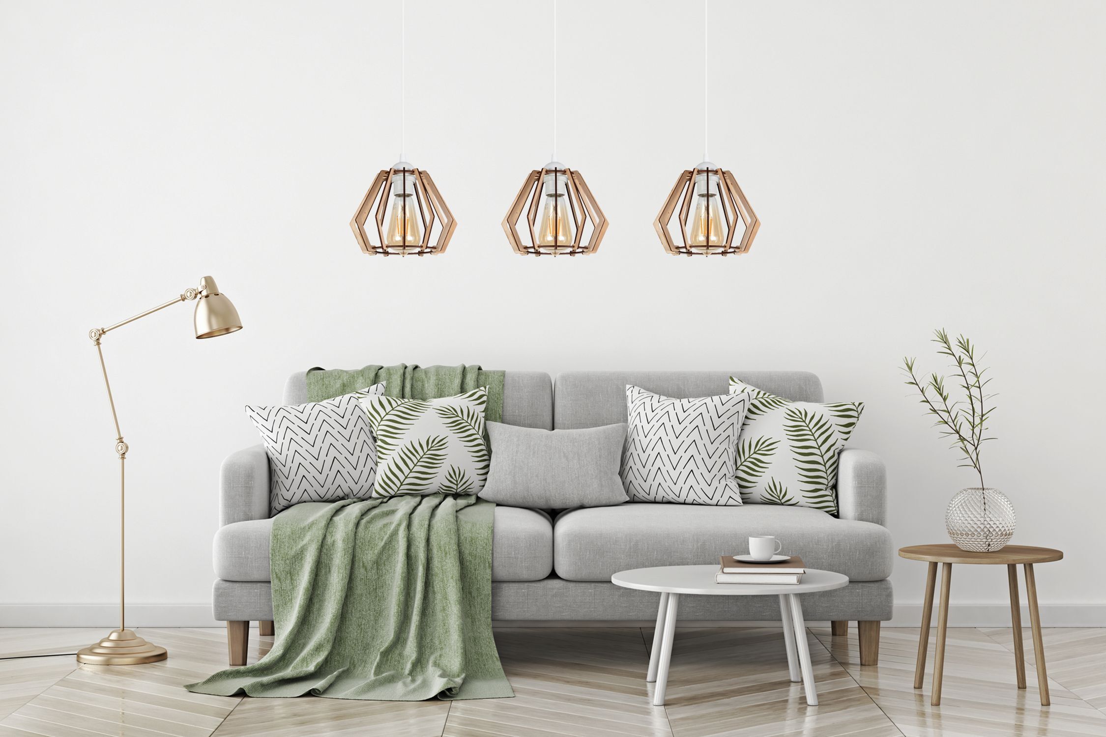 sofa, wohnzimmer, palmenmuster, rahmenlampe, pendelleuchten