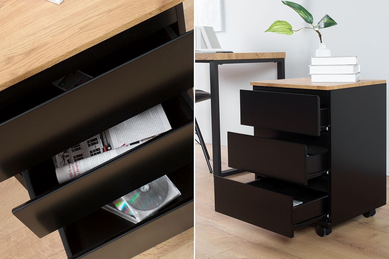 Schubladenwagen MDF 46x11 cm in Schwarz Matt Natur Schublade, Mobiliar, Kabinett