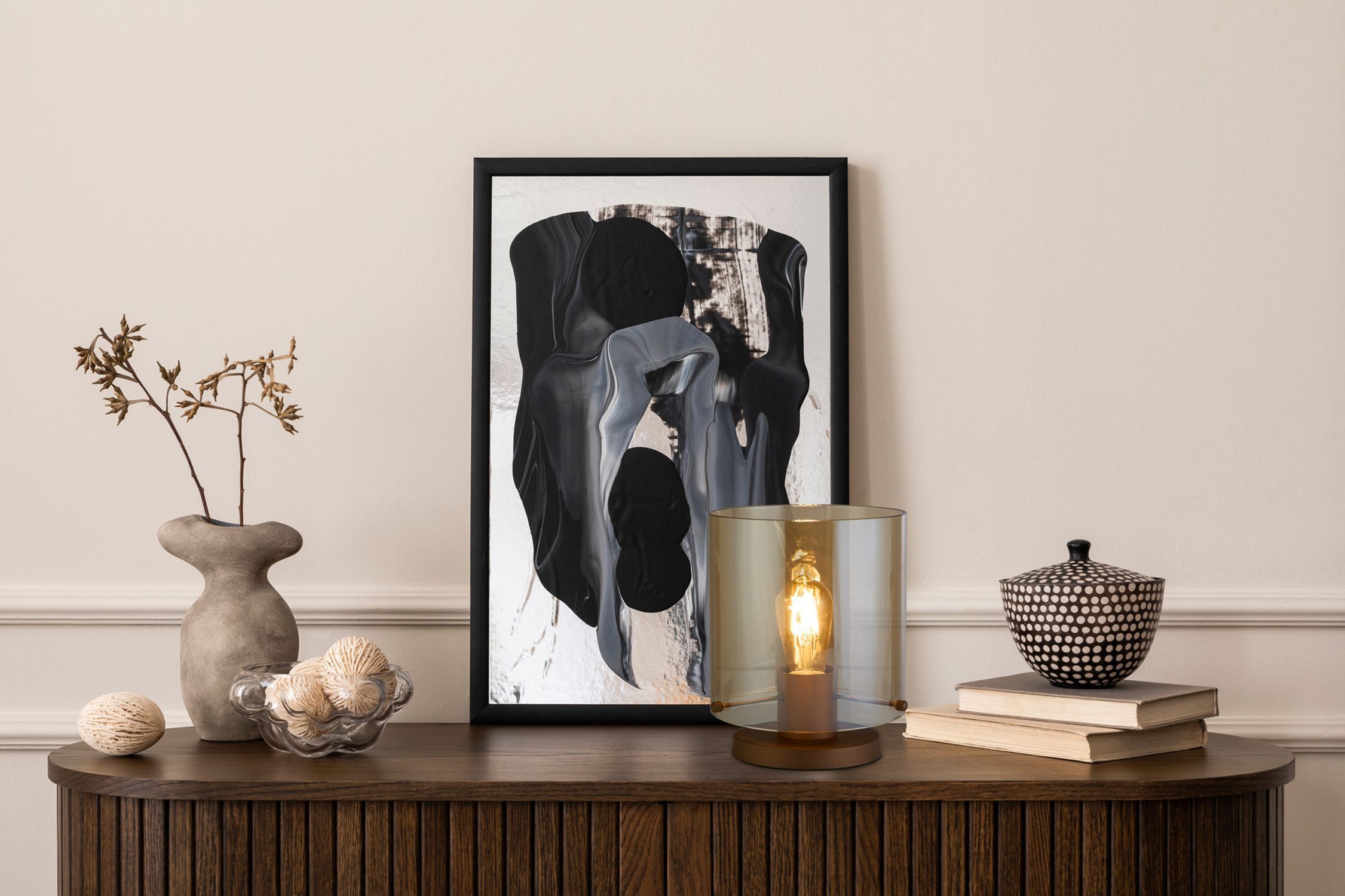 Tischlampe mit Schalter Mokka Bernstein 25,5 cm E27 poster, abstrakte kunst, schwarz weiß, rahmen, dekoration