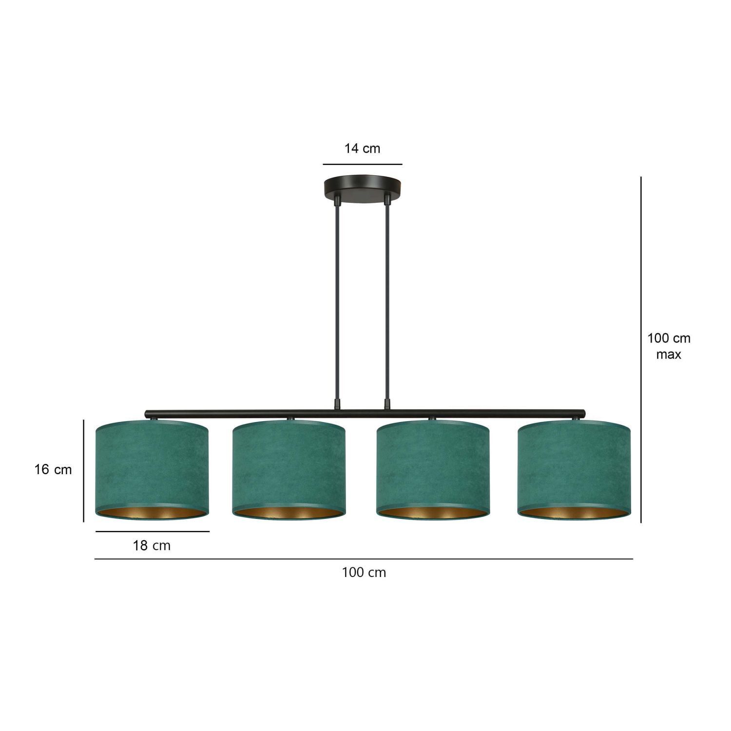 Lampe à suspendre 4 flammes 97 cm métal tissu noir vert or E27