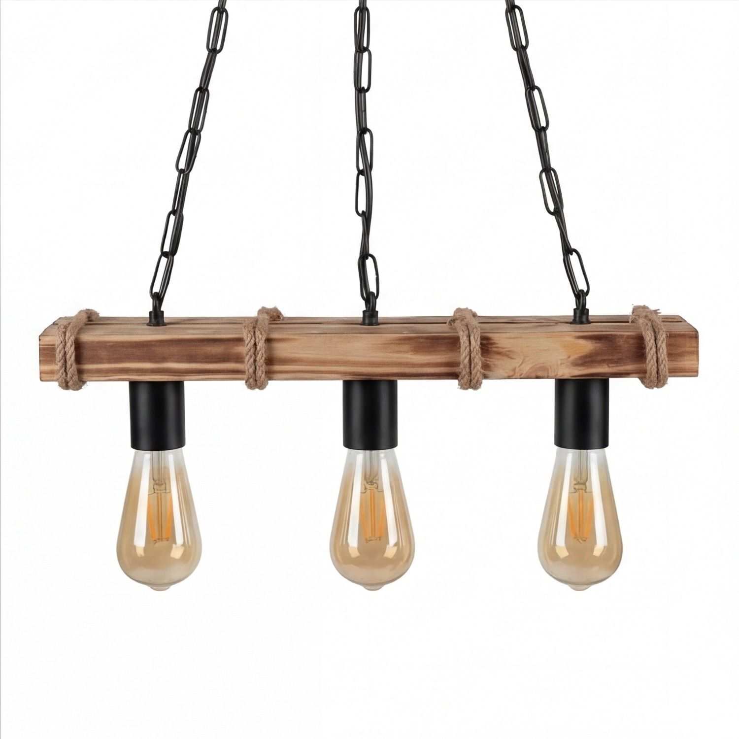 pendant light, Holzträger, drei Glühbirnen, hängendes Licht, Seilaufhängung
