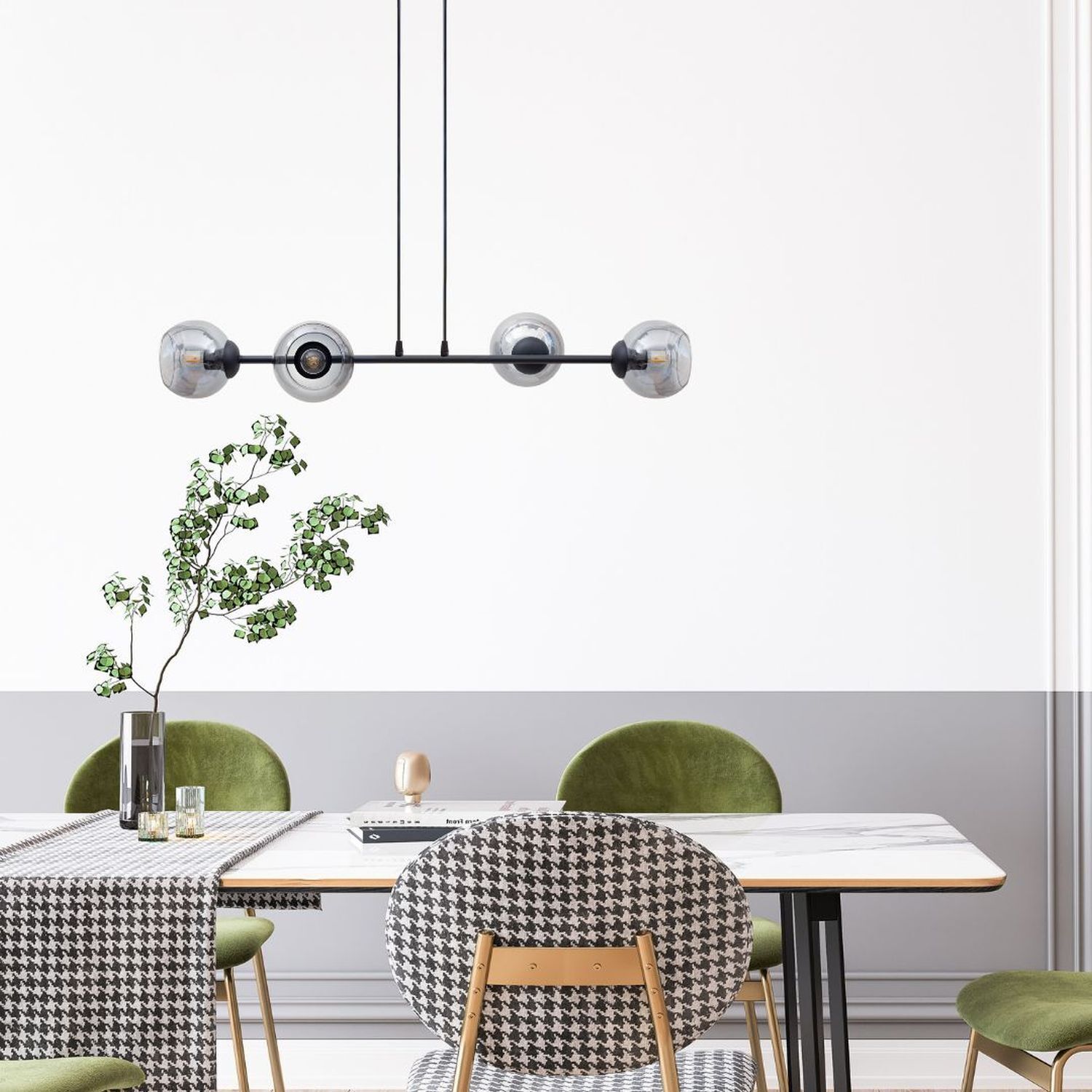 Lampe à suspendre métal verre fumé faible éblouissement E27 4-flamme Speisesaal, Esstisch, Tisch, Stuhl, Innenarchitektur