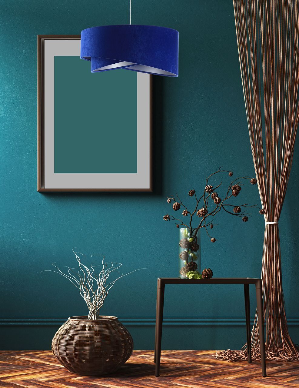 Lampe à suspendre tissu bleu cobalt argent E27 rond D : 50 cm
