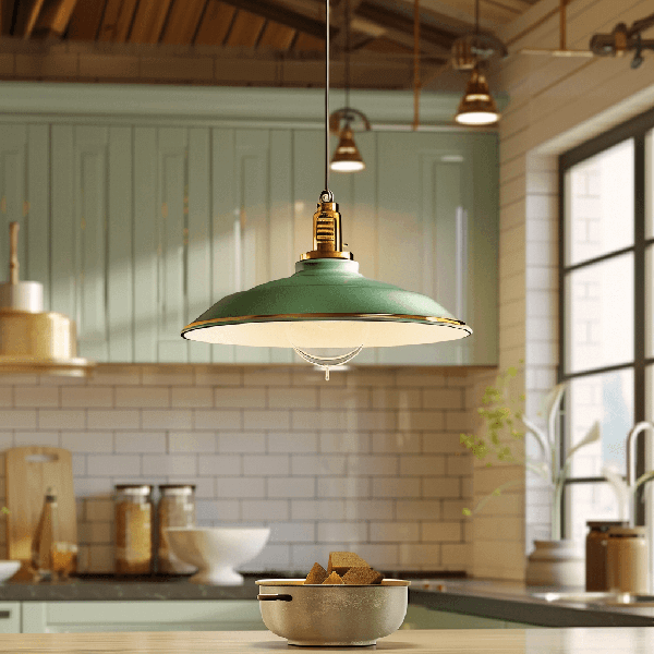 Vintage Lampen Zierleuchte, grüne Schirmfarbe, Küchenbeleuchtung, Deckenleuchte, Schüssel mit Zuckerwürfeln