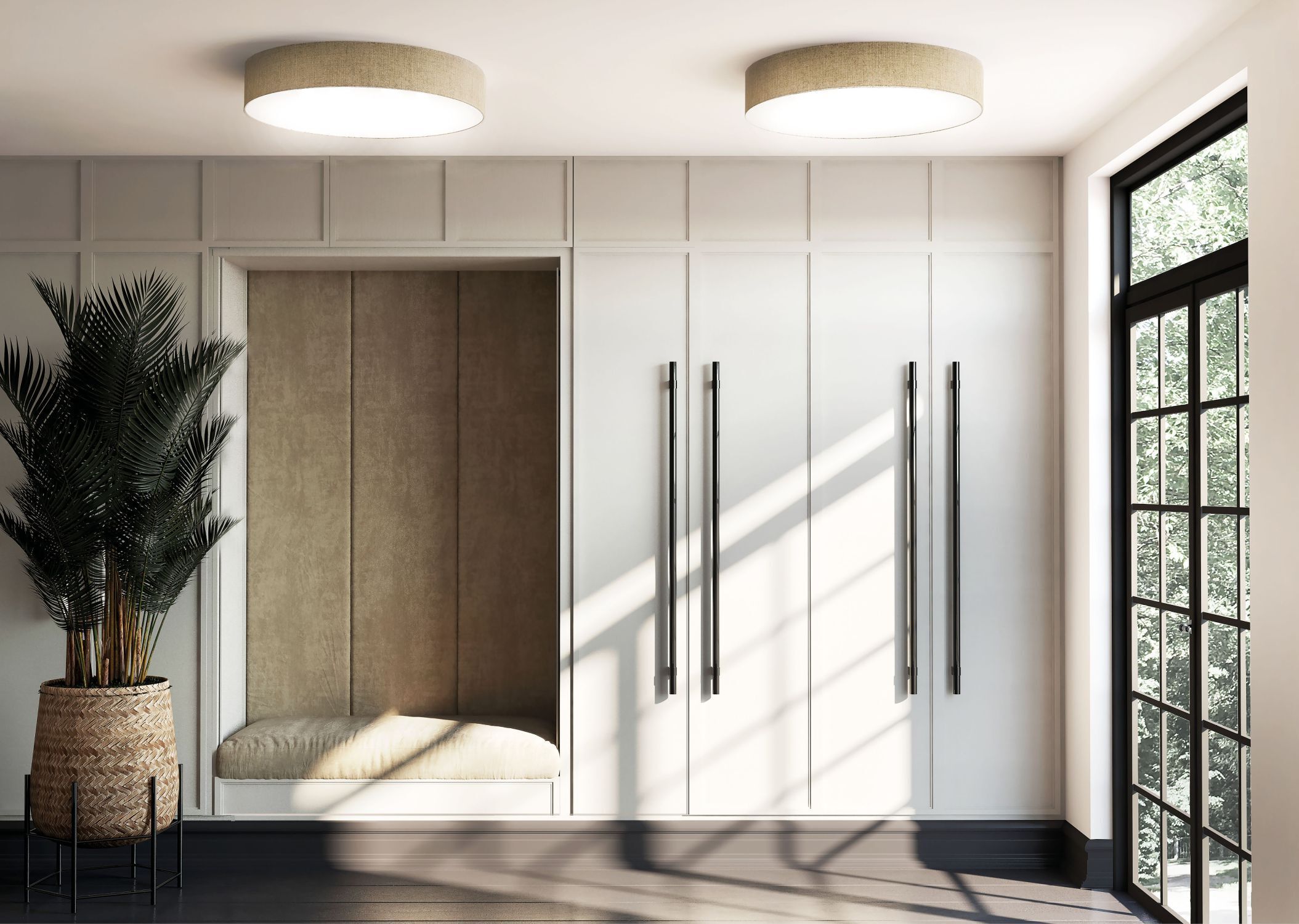 Kleiderschrank, Schrankfront, Griffleisten, Innenbank, Fensterfront