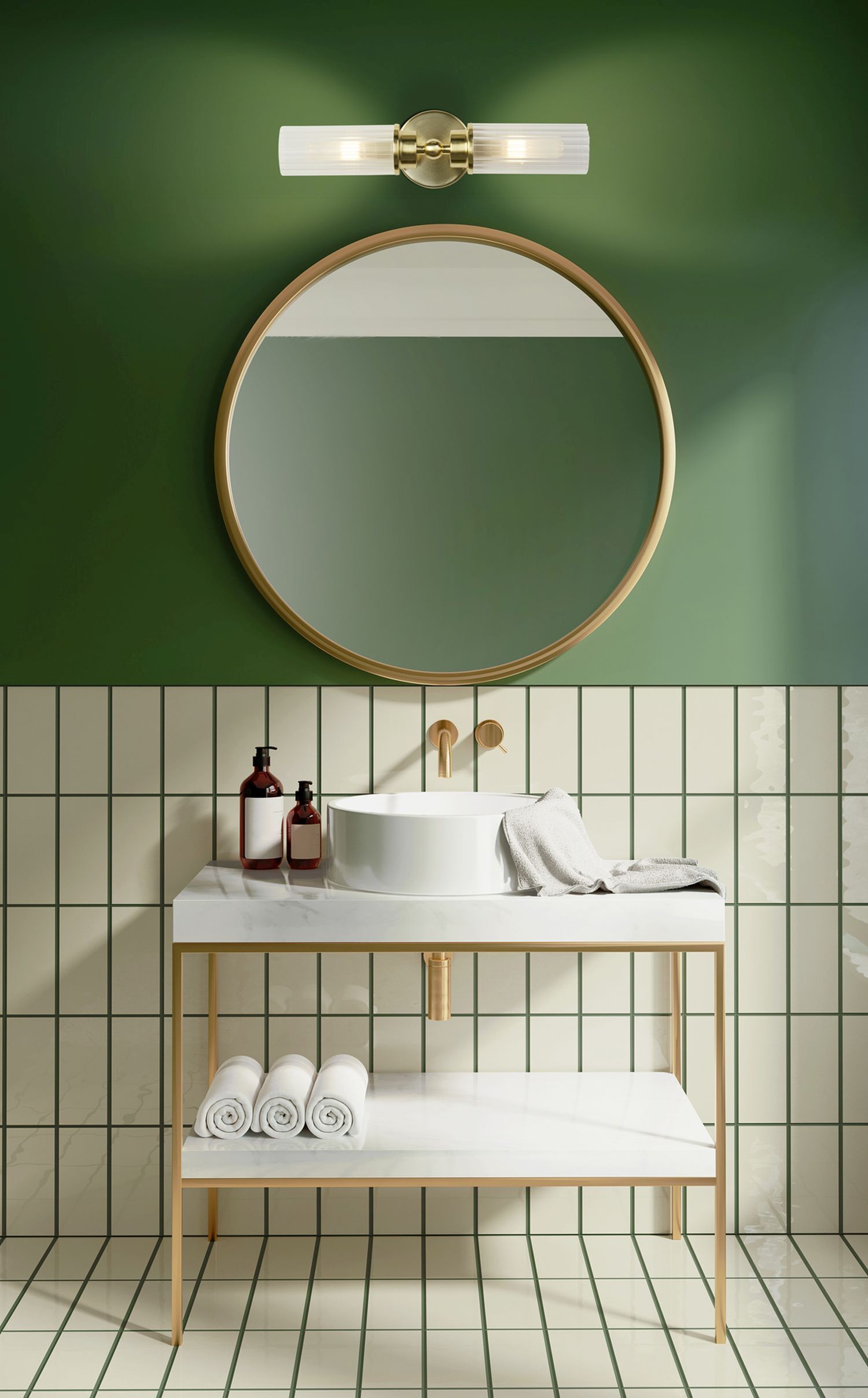 Waschtisch, Waschbecken, runde Spiegel, Wandlampe, Waschbereich