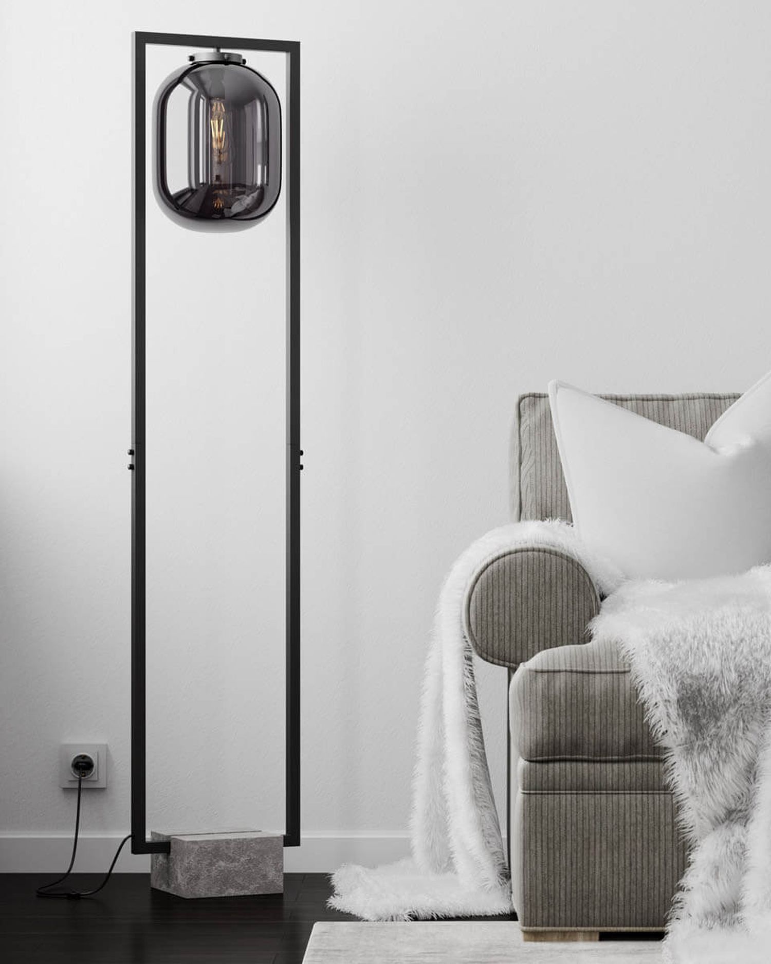 Stehlampe, LED-Lampe, Industrielook, schwarz, Kuscheldecke