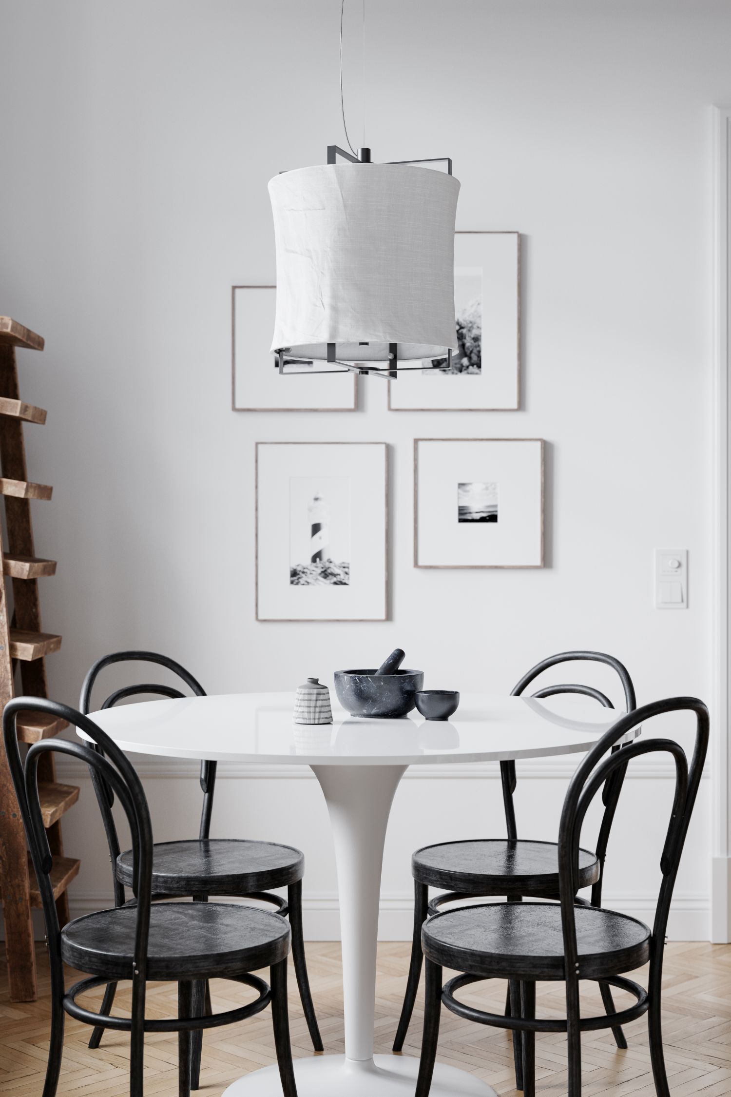 Esstisch, Rundtisch, Weiß, Kohleholzstuhl, Hängelampe