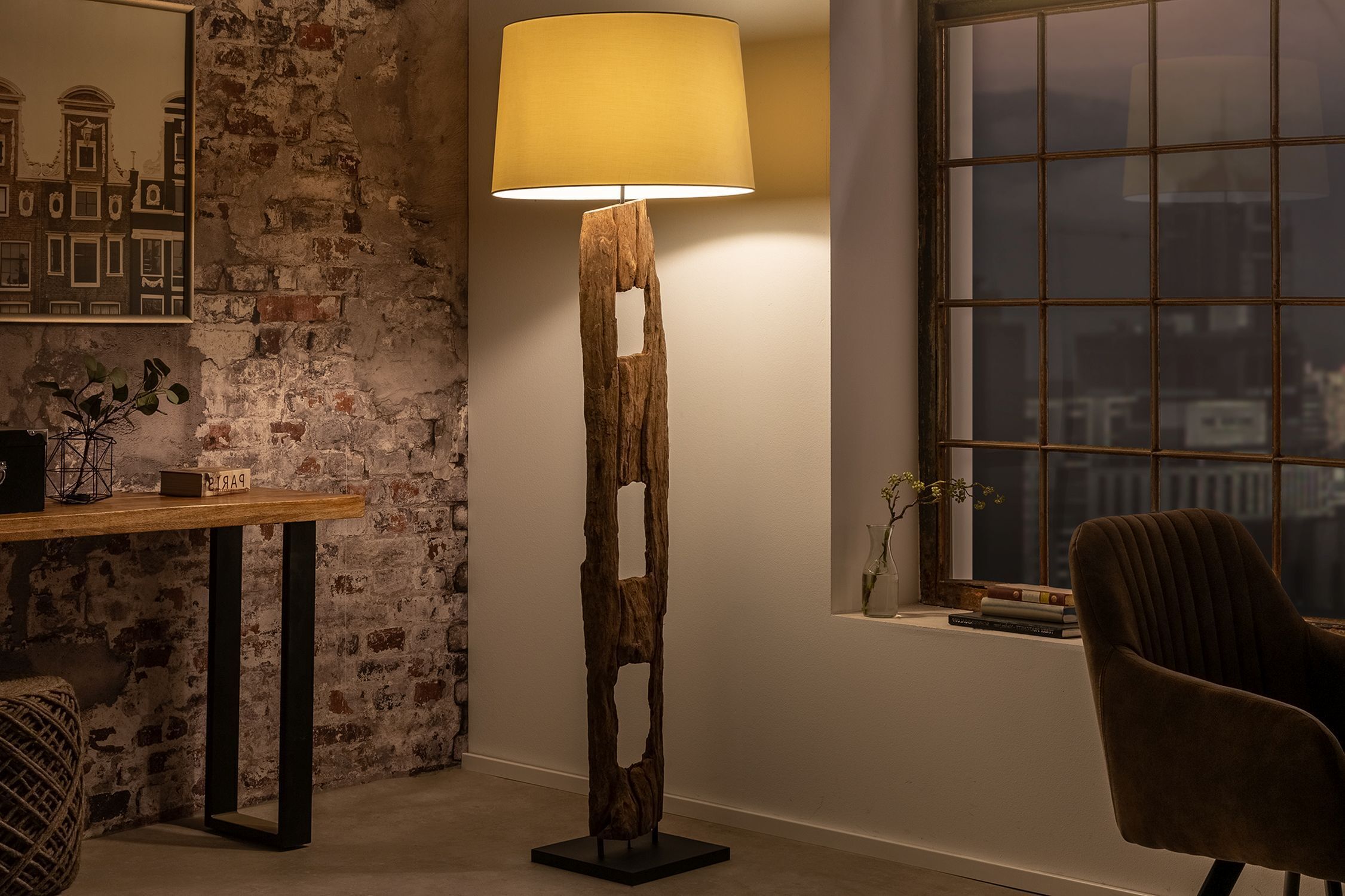 tischlampe, holzgestein, rustikale lampe, wohnzimmer-deko, großer lampenfuß