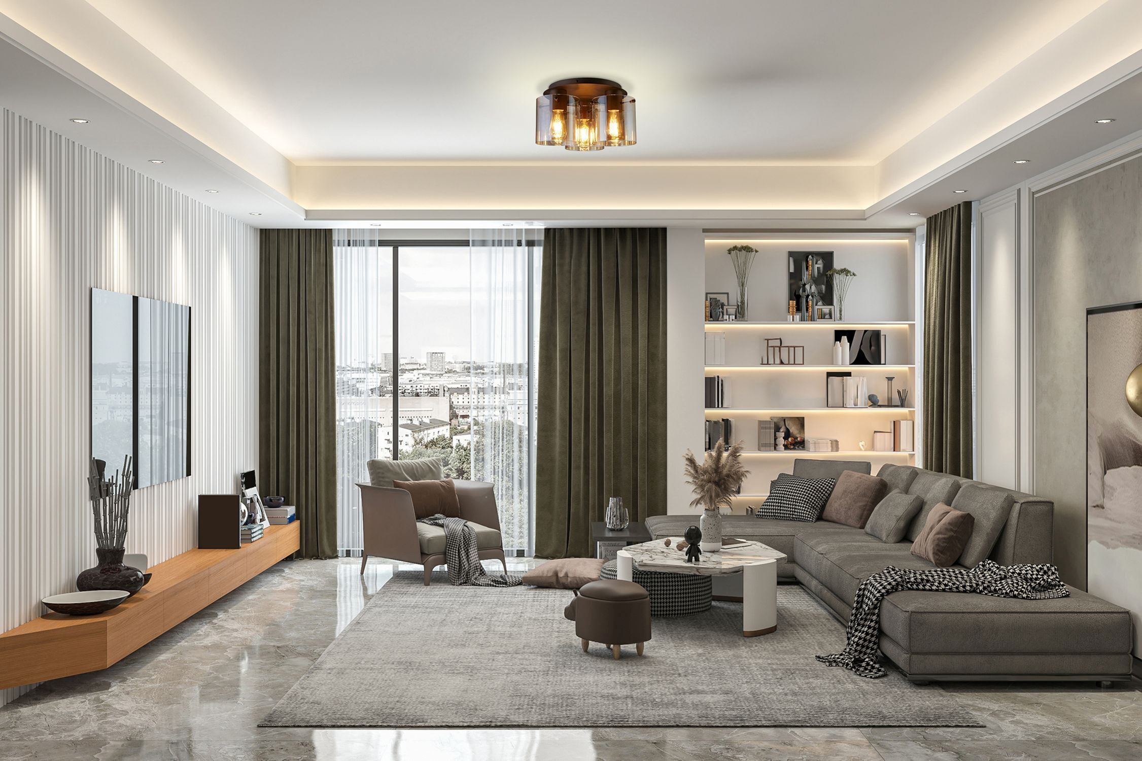 wohnzimmer, sofagarnitur, couchtisch, regalsystem, vorhänge